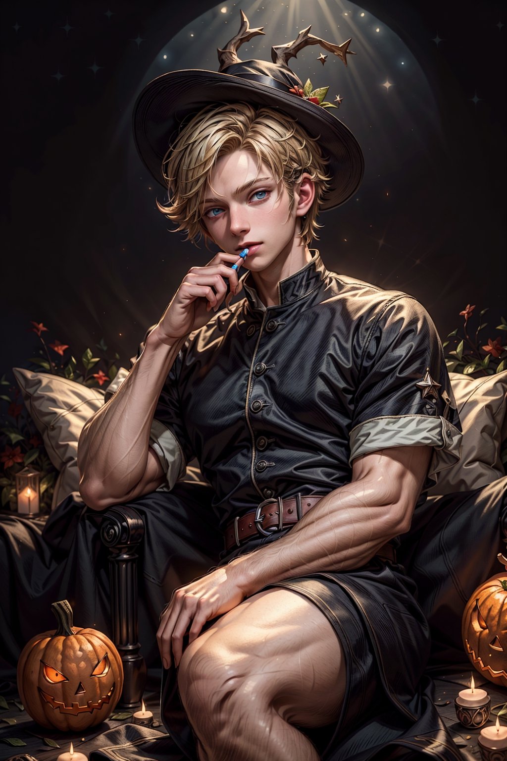   (masterpiece,best quality:1.5),TreeAIv2,A handsome boy in a black pointed hat is dressed in black and is sitting with a lollipop in his hand, behind him there are many glowing jack-o-lanterns, the background is the night sky, stars,(detailed eyes), (shading), (highly detailed CG 8k unity wallpaper), (using studio indirect lighting ), (amazing) drawing) illustration), blonde with short hair, blue eyes, handsome little boy, (artwork), (masterpiece), (magical light), (shading), (highly detailed) CG 8k Unity wallpaper), (with studio indirect lighting), (wonderful drawing illustration), (best illustration performance), rainbow, magic circle, 