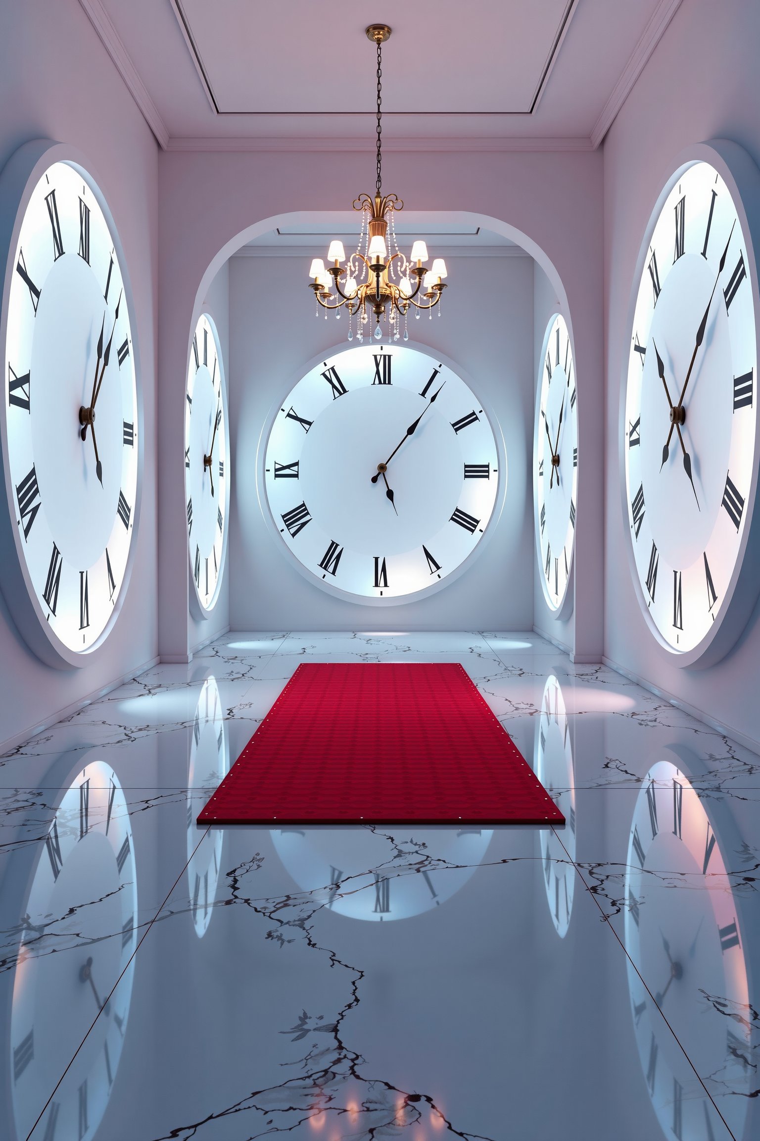 A futuristic room with white glowing clock panels lining the walls, casting a cool, ethereal light. A vibrant red carpet is laid in the center, contrasting sharply with the crystal marble floor, which reflects the light in a dazzling array of colors, reminiscent of CGI effects. The modest chandelier hangs from the ceiling, its soft glow adding to the ambient light, creating a harmonious blend of modern and classical elements. The scene is framed to capture the entire room, with the chandelier and clock panels in focus, and the reflections on the floor adding depth and visual interest.