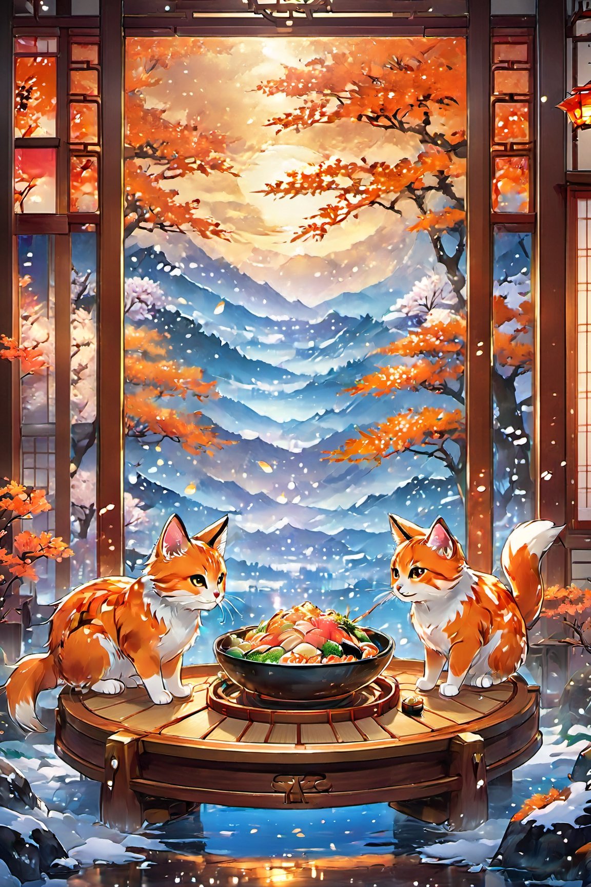 (artwork), (masterpiece), (detailed eyes), (shading), (extremely detailed CG 8k unity wallpaper), (wit studio indirect lighting), (amazing drawn illustration), (best illustrative performance), Winter style,many cute kittens (orange and white),snowflake, cozy atmosphere,pixiv, fun, depth of field, illumination background, reflections, holograms,sky, inside sparking, extremely realistic, and comprehensive,eating  sushi. lot of delicious sashimi,(delicious sushi),sticky feeling light in the movie, background reflection Realistic style, chinese style,photo r3al,Land Of Boo,Glass,Clear glass