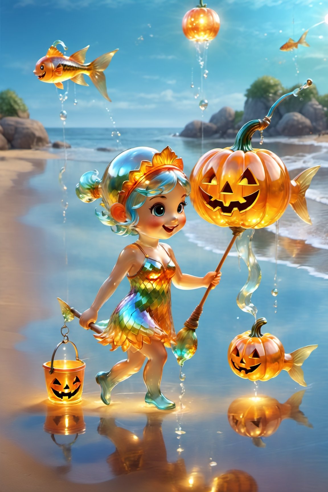 cute The fairies fishing on the beach,flying big fish, HALLOWEEN, the reflection on the water is beautiful, and the bucket to hold the fish is a jack-o-lantern,(realistic Reflection),hologram,(Masterpiece, highest quality), (detailed eyes), (shading), (highly detailed CG 8k unity wallpaper), (studio indirect use lighting), (amazing drawing) (Illustration), (Artwork), (Magical light), (Shading), (Very detailed), (CG 8k Unity wallpaper), (Nice newly drawn illustration), (Best illustration performance),3d toon style, super detailed realistic, iridescent glow, super Realistic ultra-detailed, sparkling mosaic tile elements, pieces of beauty and complexity,3d figure,Clear Glass Skin,Glass