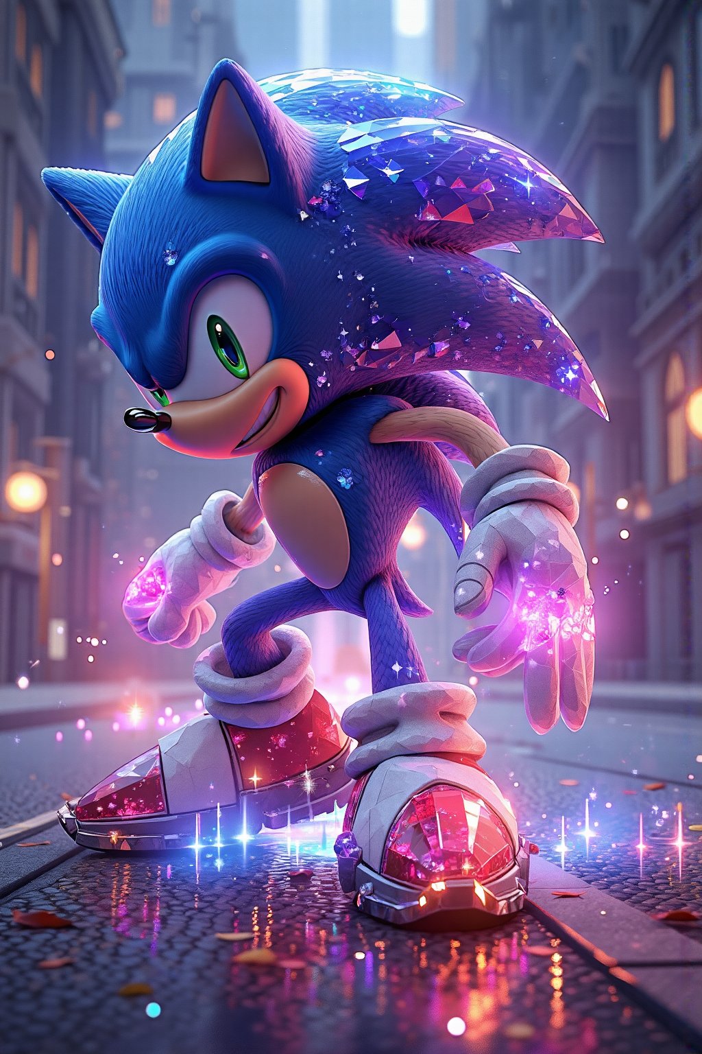 ((masterpiece, best quality)),(complex light),trending, high quality, realistic, intricate detailed, graceful and beautiful textures, 16K, aurora lights,  game art style, Sonic the Hedgehog,outdoor, beautiful expression, best performance, reflection on fall road,aurora light,crawling over a luminous, aurora crystal ,Sonic the Hedgehog with crystal body,full body shot, Ultra High Definition,HD,3D 8k,