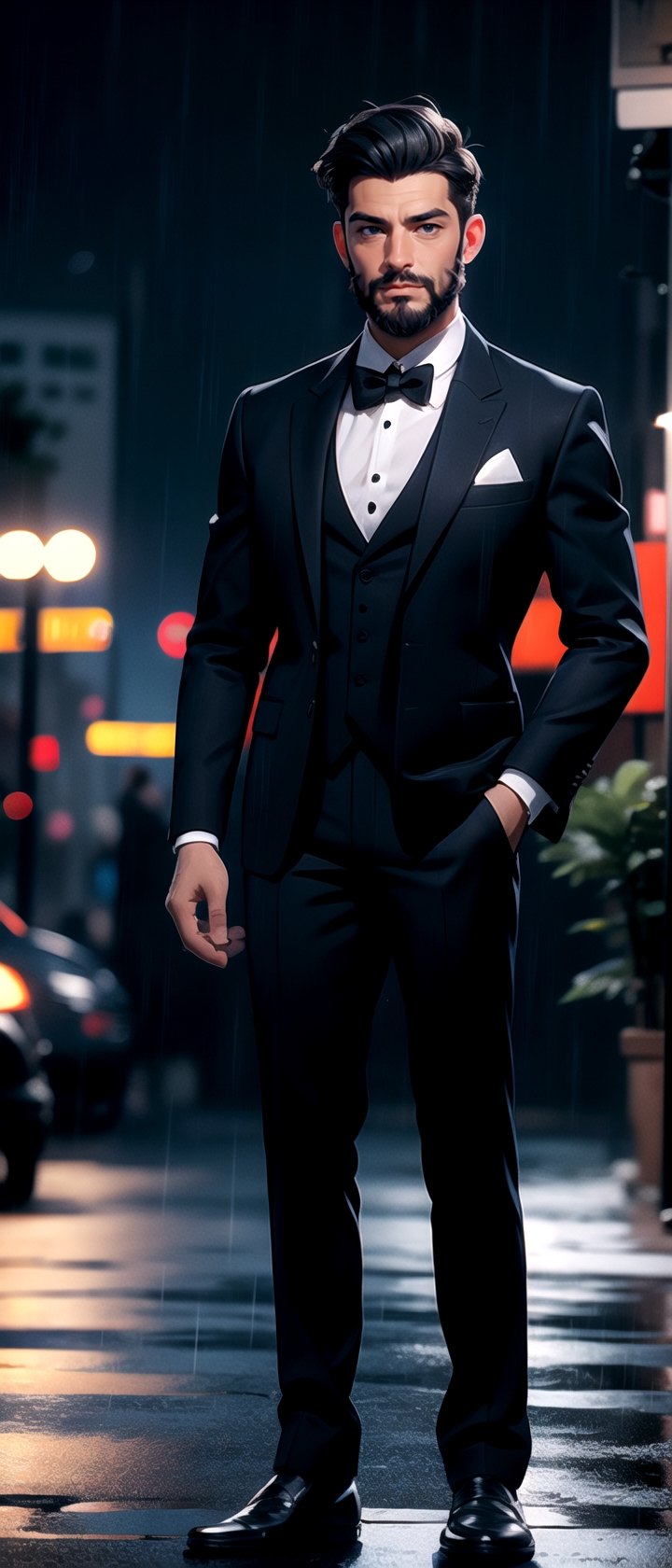 masterpiece, full body portrait, standing, (looking at viewer:1.2), man, beard, medium hairstyle, masculine, black tuxedo suit, | outdoors, city, (night time), night, (raining), cinematic, | depth of field, bokeh, ,3DMM,High detailed 