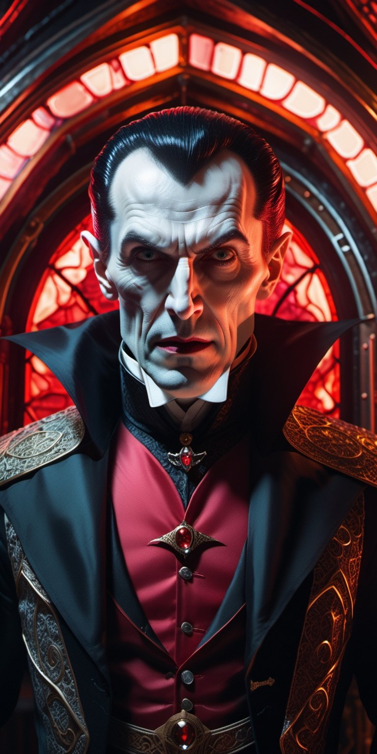 a highly detailed, Dracula, an intellectual mastermind,a sinister aura partials, character, elaborate, unconventional attire, brilliance art, in a high-tech lair ,surrounded by holographic displays,advanced technology, Photography, Professional, Captured by Iphone.