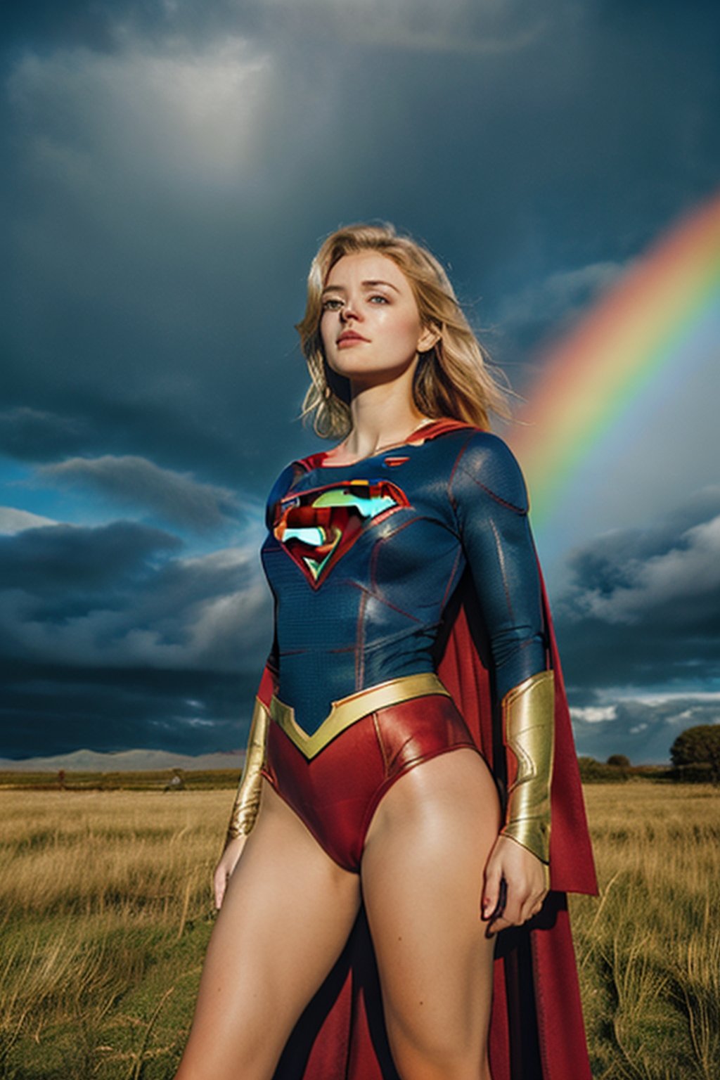 20 year old irish girl blonde_hair, supergirl wear
,colorful_girl_v2,rainbowsky_background