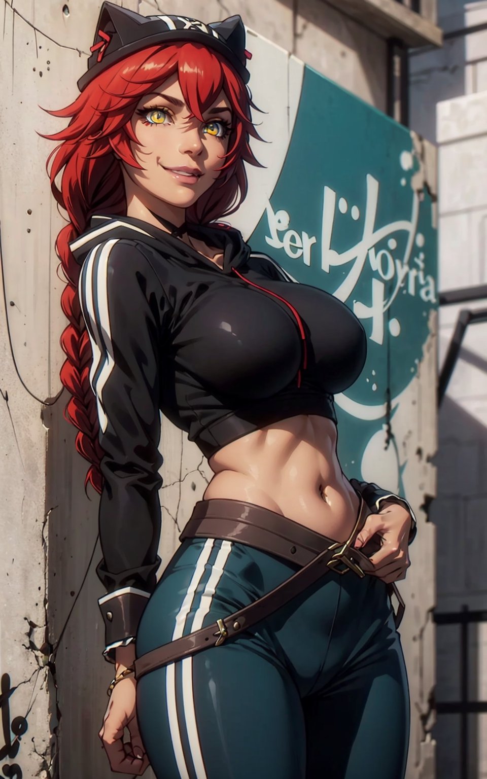 1girl, lupusregina beta, yellow eyes, smiley, red hair, twin braid, brown skin,cropped hoodie underboob cut, blue leggings, skinny waist:1.3, huge breasts, huge hip, navel, underboob cut hoodie(detailed face:1.2), (detailed eyes:1.2), (detailed background), graffiti wall,realhands,more detail