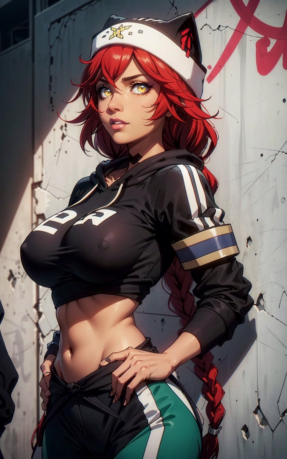 1girl, lupusregina beta, yellow eyes, red hair, twin braid, brown skin,cropped hoodie underboob cut, blue leggings, skinny waist:1.3, huge breasts, huge hip, navel, underboob cut hoodie(detailed face:1.2), (detailed eyes:1.2), (detailed background), graffiti wall,realhands,more detail