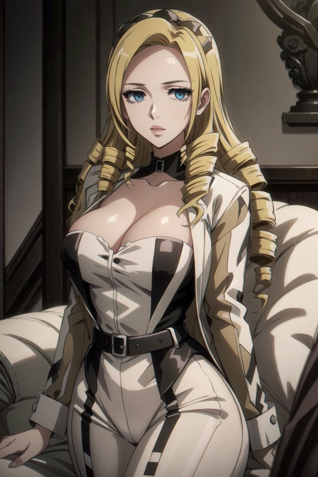 beautiful 1women,wearing a white leopard suit and a jacket on top,sexy,seducing,masterpiece, best quality, solution epsilon, blonde hair, drill hair,b1mb0