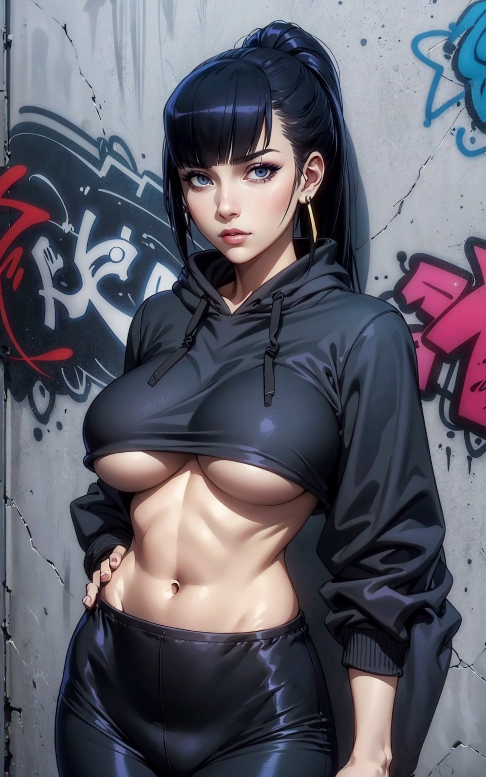 1girl, narberal gamma, grey eyes, neutral_expression, black hair, ponytail, cropped hoodie underboob cut, blue leggings, skinny waist:1.3, huge breasts, huge hip, navel, underboob cut hoodie(detailed face:1.2), (detailed eyes:1.2), (detailed background), graffiti wall,realhands,more detail 