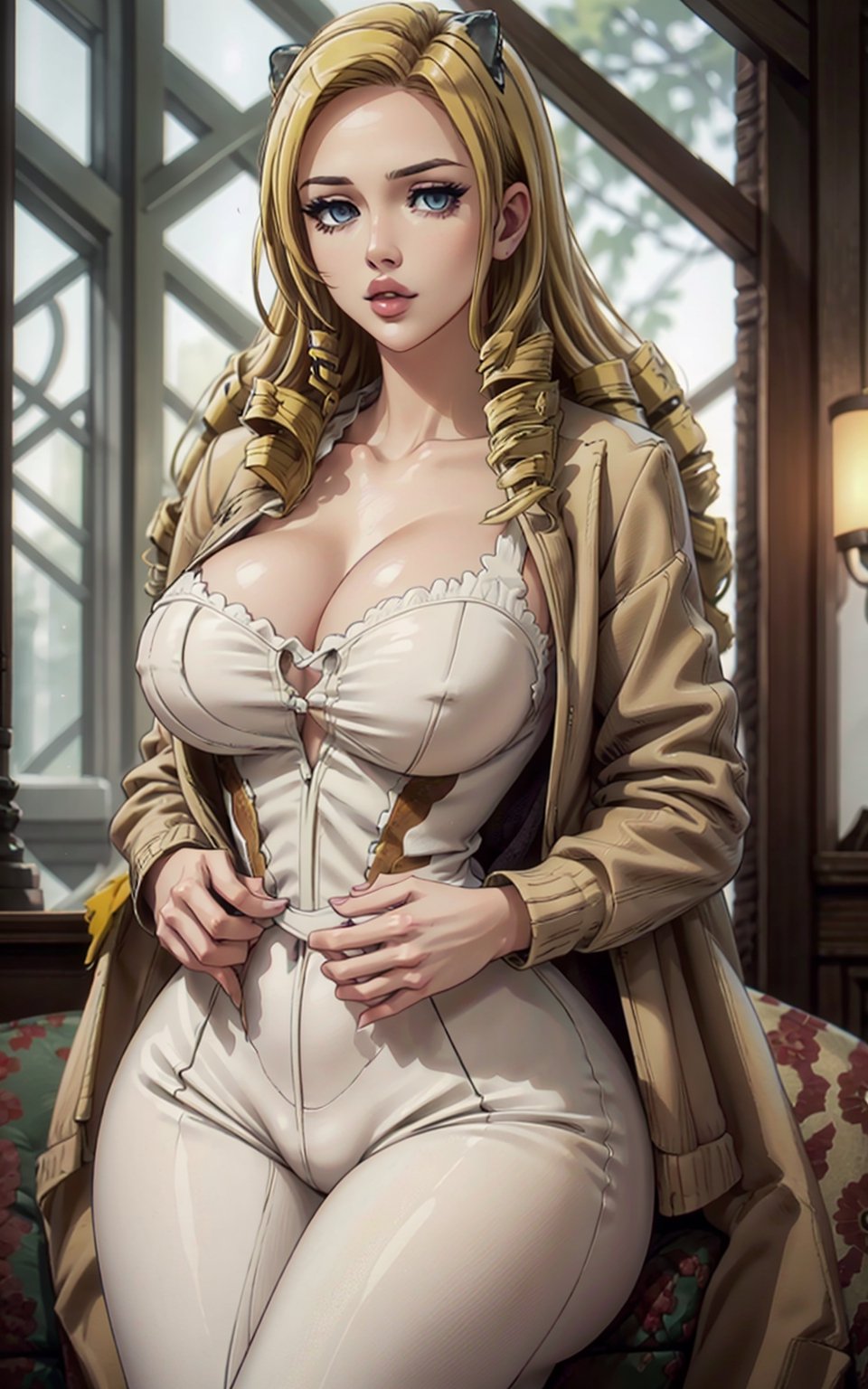 beautiful 1women,wearing a white leopard suit and a jacket on top,sexy,seducing,masterpiece, best quality, solution epsilon, blonde hair, large hips, large breasts, drill hair, b1mb0,more detail 