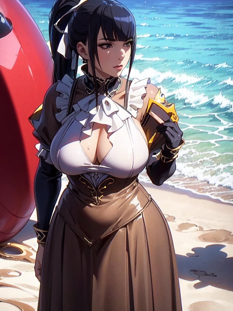 narberal gamma,beach background,ink,Ultra-detail,(highres:1.1),best quality,(masterpiece:1.3),cinematic lighting, sexy breasts, 3DMM, big breasts, full lenth body, long legs, black hair, long_ponytail, black eyes,
realistic, (masterpiece - 1.2),very sexy face and also a sexy  figure  pornstar  with big natural boobs and curvy ass ,8k,highly detailed,ultrarealistic,hyperrealistic,high quality render,high quality,highly detailed background,frilled dress, long skirt, 1 girl,solo, realhands