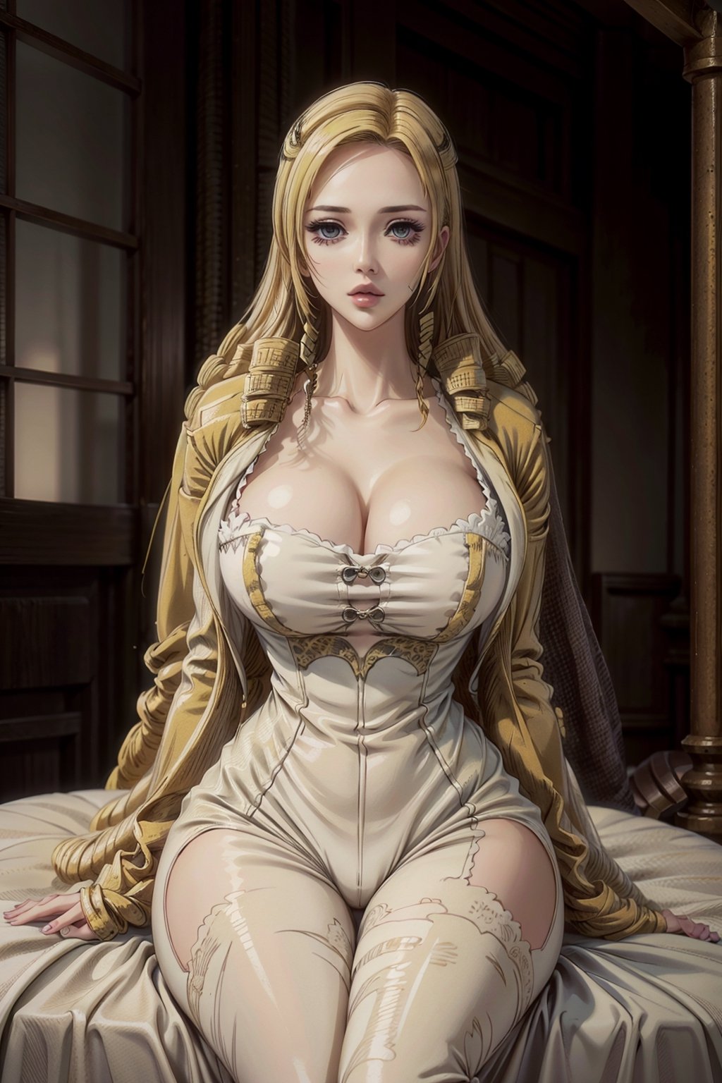 beautiful 1women,wearing a white leopard suit and a jacket on top,sexy,seducing,masterpiece, best quality, solution epsilon, blonde hair, drill hair, huge hips, large breasts,b1mb0