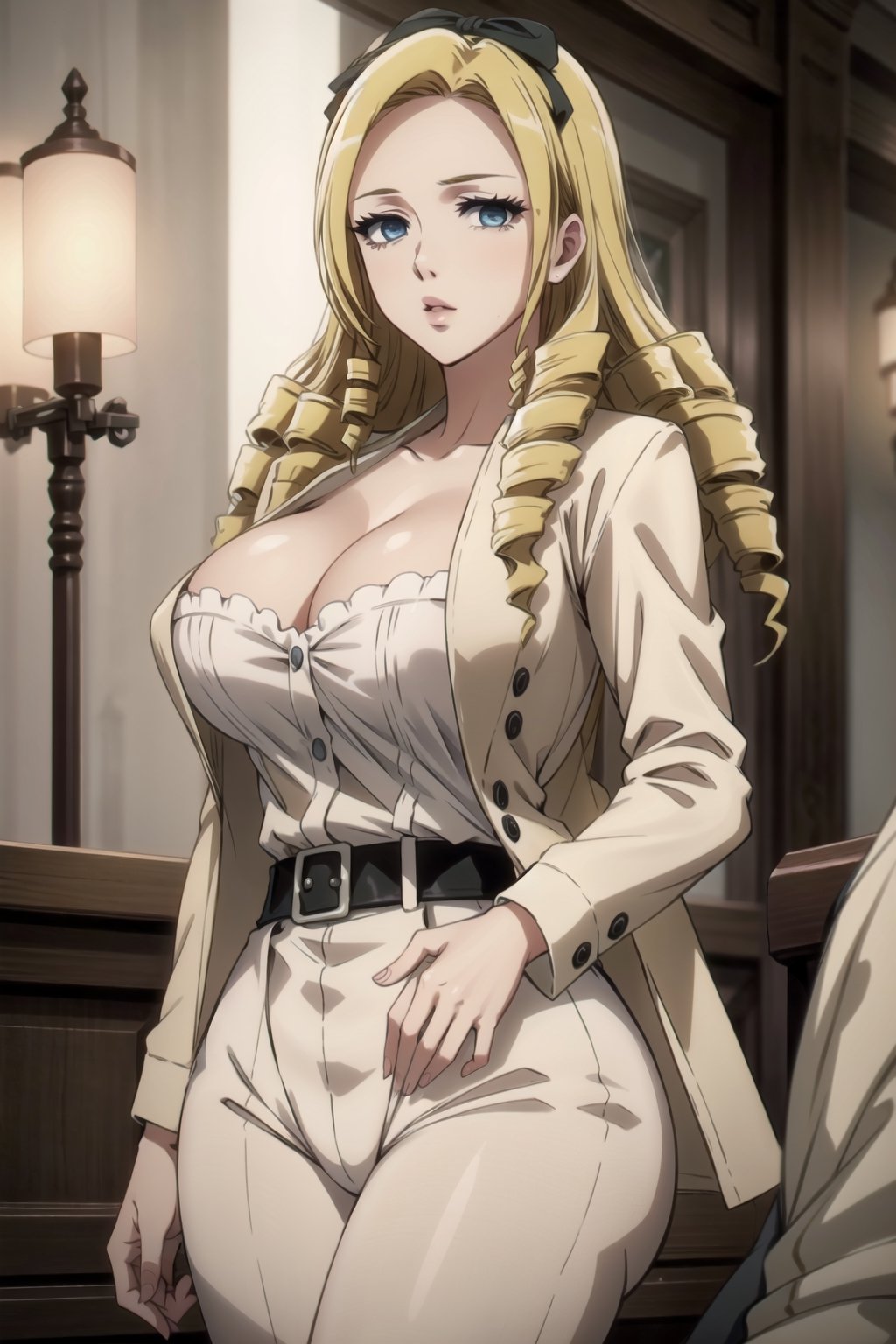 beautiful 1women,wearing a white leopard suit and a jacket on top,sexy,seducing,masterpiece, best quality, solution epsilon, blonde hair, drill hair,b1mb0