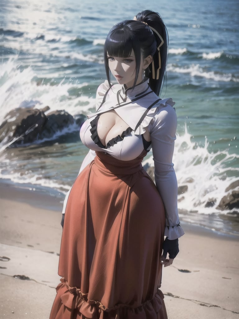 narberal gamma,beach background,ink,Ultra-detail,(highres:1.1),best quality,(masterpiece:1.3),cinematic lighting, sexy breasts, 3DMM, big breasts, full lenth body, long legs, black hair, long_ponytail, black eyes,
realistic, (masterpiece - 1.2),very sexy face and also a sexy  figure  pornstar  with big natural boobs and curvy ass ,8k,highly detailed,ultrarealistic,hyperrealistic,high quality render,high quality,highly detailed background,frilled dress, long skirt, 1 girl,solo, realhands