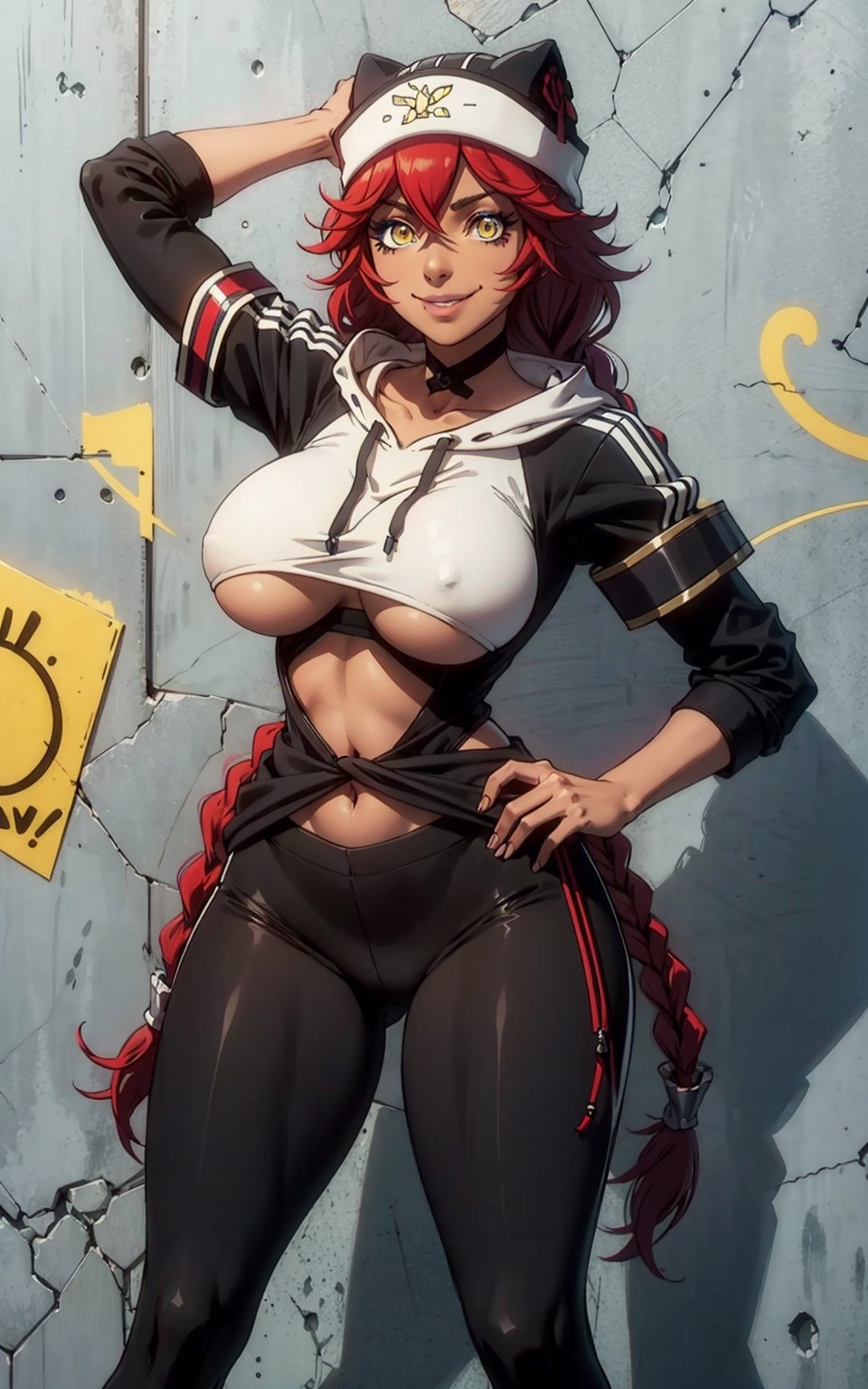 1girl, lupusregina beta, yellow eyes, smile, red hair, twin braid, brown skin,cropped hoodie underboob cut, blue leggings, skinny waist:1.3, huge breasts, huge hip, navel, underboob cut hoodie(detailed face:1.2), (detailed eyes:1.2), (detailed background), graffiti wall,realhands,more detail