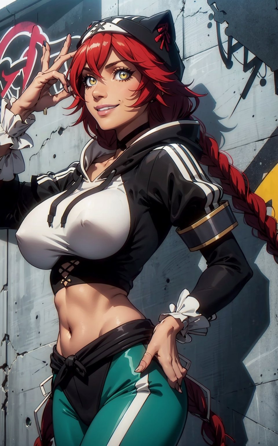 1girl, lupusregina beta, yellow eyes, smile, red hair, twin braid, brown skin,cropped hoodie underboob cut, blue leggings, skinny waist:1.3, huge breasts, huge hip, navel, underboob cut hoodie(detailed face:1.2), (detailed eyes:1.2), (detailed background), graffiti wall,realhands,more detail