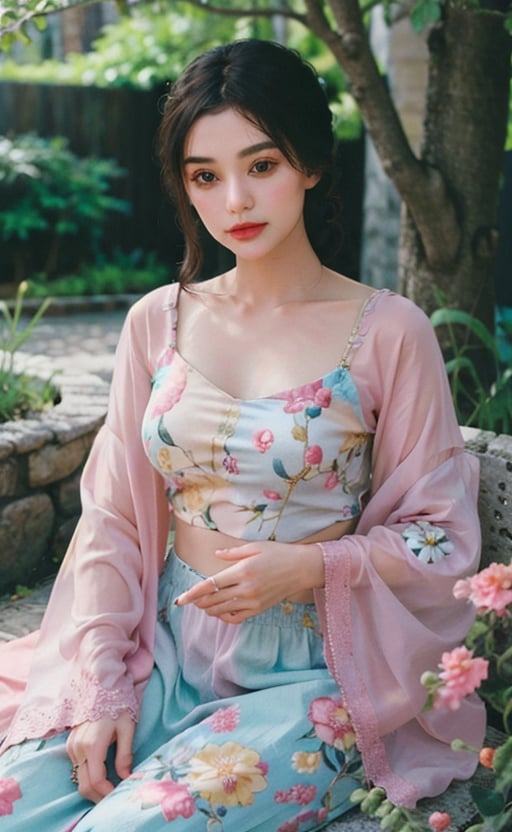 1girl, Floral motifs, luminous skin, enchanting gaze, embellished attire, natural lighting, shallow depth of field, romantic setting, dreamy pastel palette, whimsical details, captured on film,m4d4m