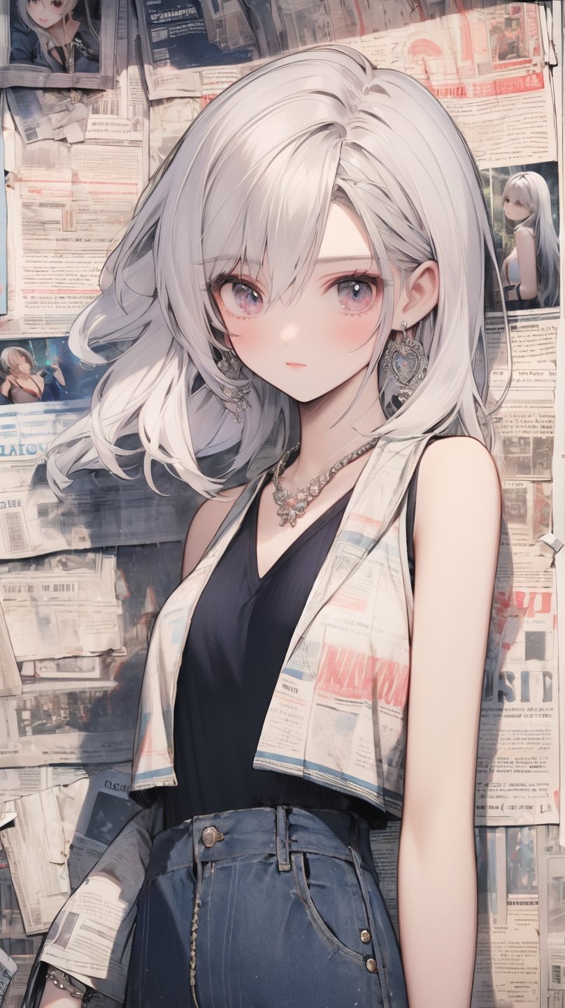 1girl,(silver|white_hair),Standing,floating and rainbow hair, jewelry, Earrings, Necklace, Newspaper wall,small_breast, extremely detailed, 8k wallpaper, highly detailed, Newspaper,newspaper wall,vest