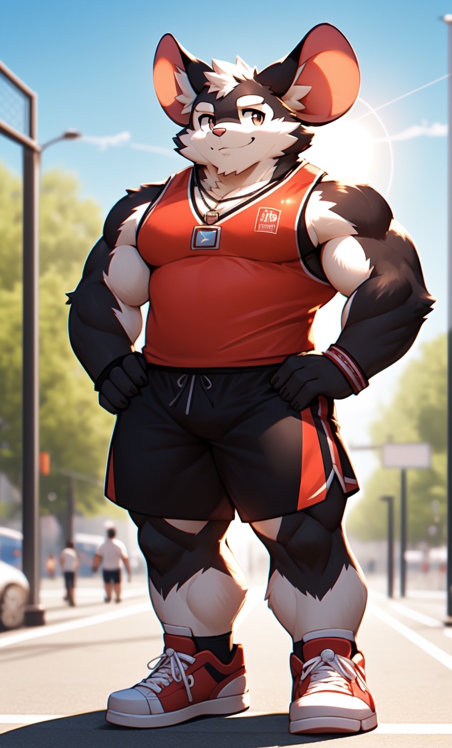 short focal length view, 1 kemono,mouse,((mature male)),  colorful furred,  solo,  4K,  masterpiece,  ultra-fine details,  big ear,  bushy eyebrow,serious eye, thick thighs, basketball shorts, full body, iron tribal necklace, shiny smile, tall, strongmen,
sleeveless shirt, wristband, lens_flare,sunny,
sneakers, ((long socks)),
turn slightly sideways,nj5furry