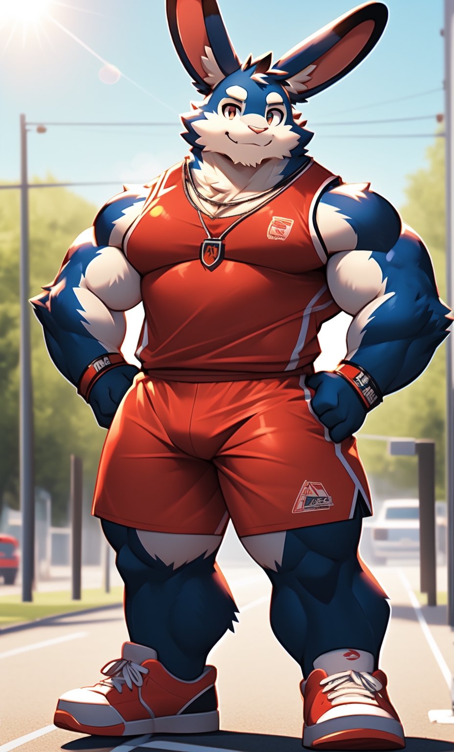 short focal length view, 1 kemono,rabbit,((mature male)),  colorful furred,  solo,  4K,  masterpiece,  ultra-fine details,  big ear,  bushy eyebrow,serious eye, thick thighs, basketball shorts, full body, iron tribal necklace, shiny smile, tall, strongmen,
sleeveless shirt, wristband, lens_flare,sunny,
sneakers, ((long socks)),
turn slightly sideways,nj5furry