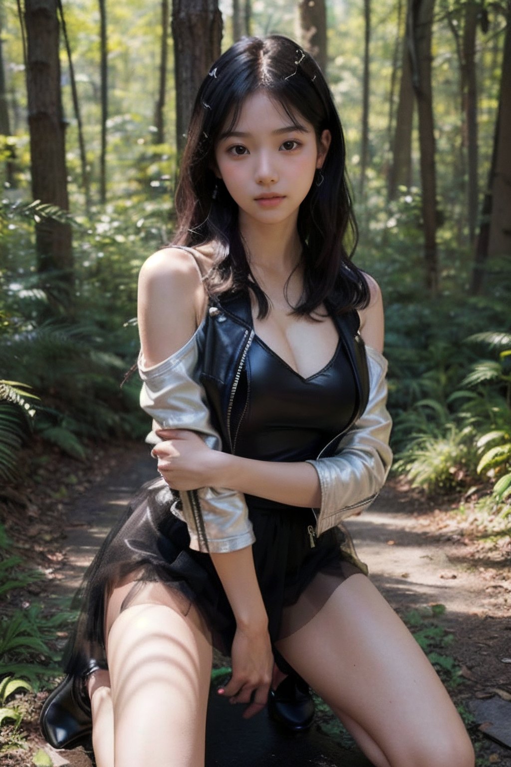 (((deep in the woods))),((looks at viewer)),(focus on the face),(((upper body enters the shot))),
人物：a korean girl,Pure and lovely korean girl,(((Top KPOP idol's peerless beauty))),(((Top KPOP idol's attitude and temperament))),(low cut, big breasts),
優化：(((Realistic and delicate high-resolution structure: 1.4, Realistic and delicate high-quality structure: 1.4))),(Well-proportioned and perfect body proportion structure),(((image structure of real human texture))),
頭髮：(bangs),(((straight hair, long hair))),((very long beautiful long hair)),
服飾：(Tulle spun spaghetti strap dress),(((TulleMaterialStruct:1.5))),(((Super sheer tulle dress construction:1.2))),(((Black Thin Strap Tulle Skirt:1.3))),(black boots),(Delicate and elegant tulle dress material),(((leather jacket over tulle dress))),(The color structure of the girl's whole body clothing is mainly black),((the black tulle spaghetti strap dress has beautiful patterns on it)),(((Leather jacket halfway revealing beautiful shoulders))),
動作：(((Very handsome kneeling posture))),((((feet spread towards viewer))),