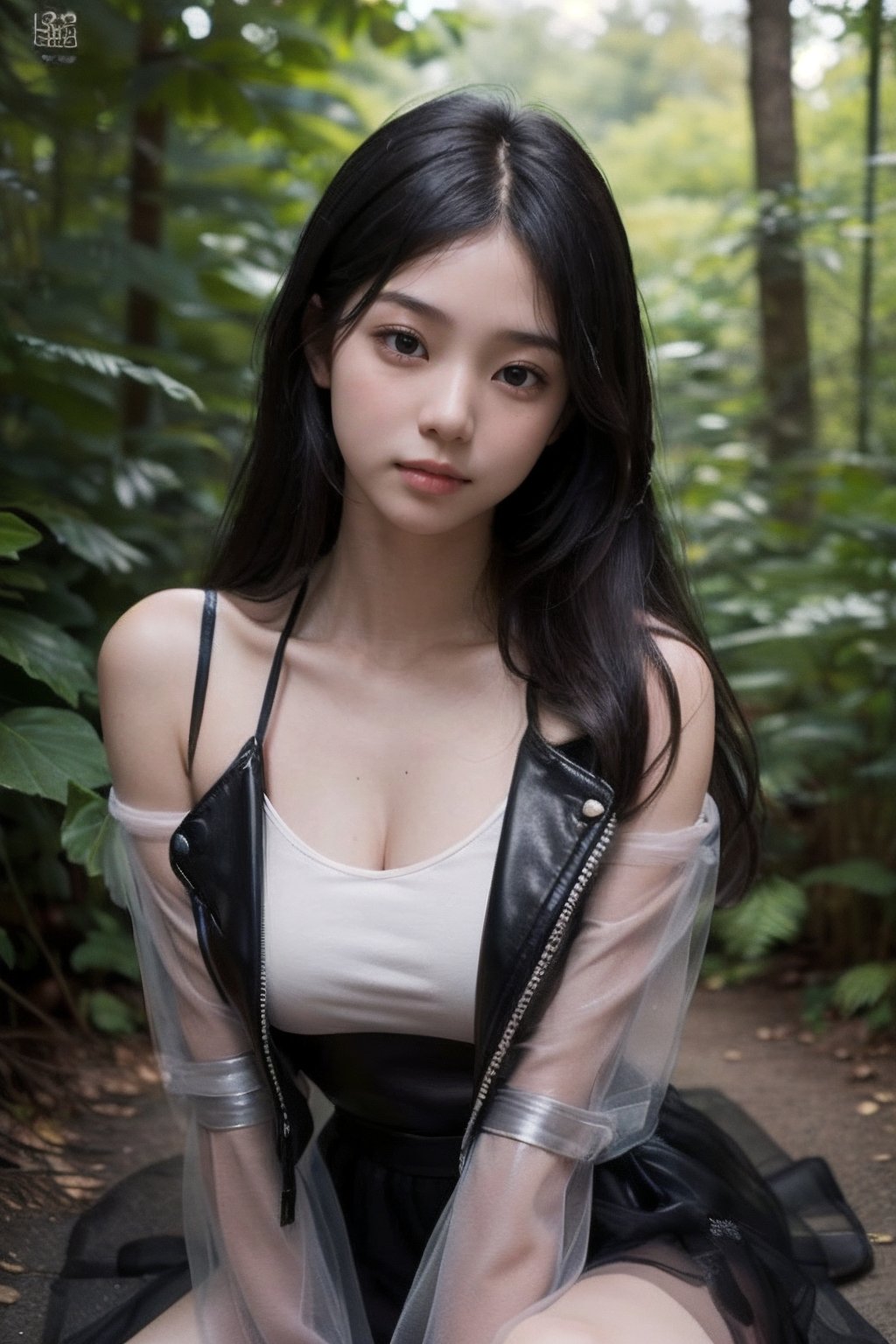 (((deep in the woods))),((looks at viewer)),(focus on the face),(((upper body enters the shot))),
人物：a korean girl,Pure and lovely korean girl,(((Top KPOP idol's peerless beauty))),(((Top KPOP idol's attitude and temperament))),
優化：(((Realistic and delicate high-resolution structure: 1.4, Realistic and delicate high-quality structure: 1.4))),(Well-proportioned and perfect body proportion structure),(((image structure of real human texture))),
頭髮：(bangs),(((straight hair, long hair))),((very long beautiful long hair)),
服飾：(Tulle spun spaghetti strap dress),(((TulleMaterialStruct:1.5))),(((Super sheer tulle dress construction:1.2))),(((Black Thin Strap Tulle Skirt:1.3))),(black boots),(Delicate and elegant tulle dress material),(((leather jacket over tulle dress))),(The color structure of the girl's whole body clothing is mainly black),((the black tulle spaghetti strap dress has beautiful patterns on it)),(((Leather jacket halfway revealing beautiful shoulders))),
動作：(((Very handsome kneeling posture))),((((feet spread towards viewer))),