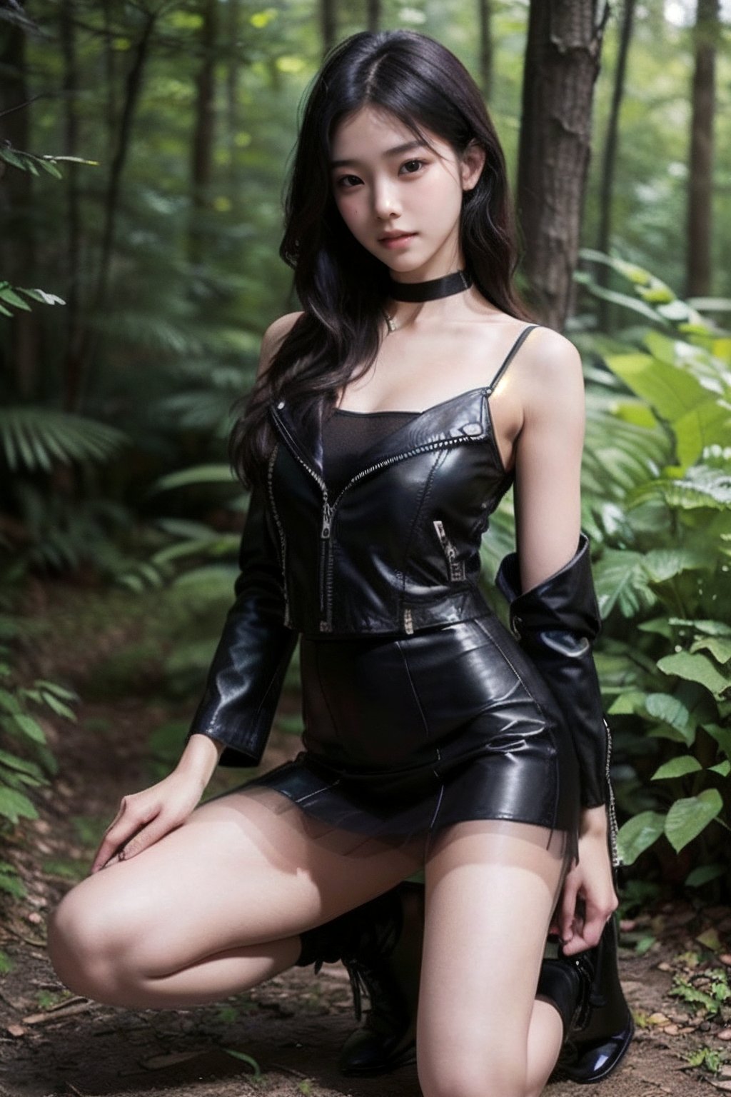 (((deep in the woods))),((looks at viewer)),(focus on the face),(((upper body enters the shot))),
人物：a korean girl,Pure and lovely korean girl,(((Top KPOP idol's peerless beauty))),(((Top KPOP idol's attitude and temperament))),(low cut, big breasts),
優化：(((Realistic and delicate high-resolution structure: 1.4, Realistic and delicate high-quality structure: 1.4))),(Well-proportioned and perfect body proportion structure),(((image structure of real human texture))),
頭髮：(bangs),(((straight hair, long hair))),((very long beautiful long hair)),
服飾：(Tulle spun spaghetti strap dress),(((TulleMaterialStruct:1.5))),(((Super sheer tulle dress construction:1.2))),(((Black Thin Strap Tulle Skirt:1.3))),(black boots),(Delicate and elegant tulle dress material),(((leather jacket over tulle dress))),(The color structure of the girl's whole body clothing is mainly black),((the black tulle spaghetti strap dress has beautiful patterns on it)),(((Leather jacket halfway revealing beautiful shoulders))),
動作：(((Very handsome kneeling posture))),((((feet spread towards viewer))),