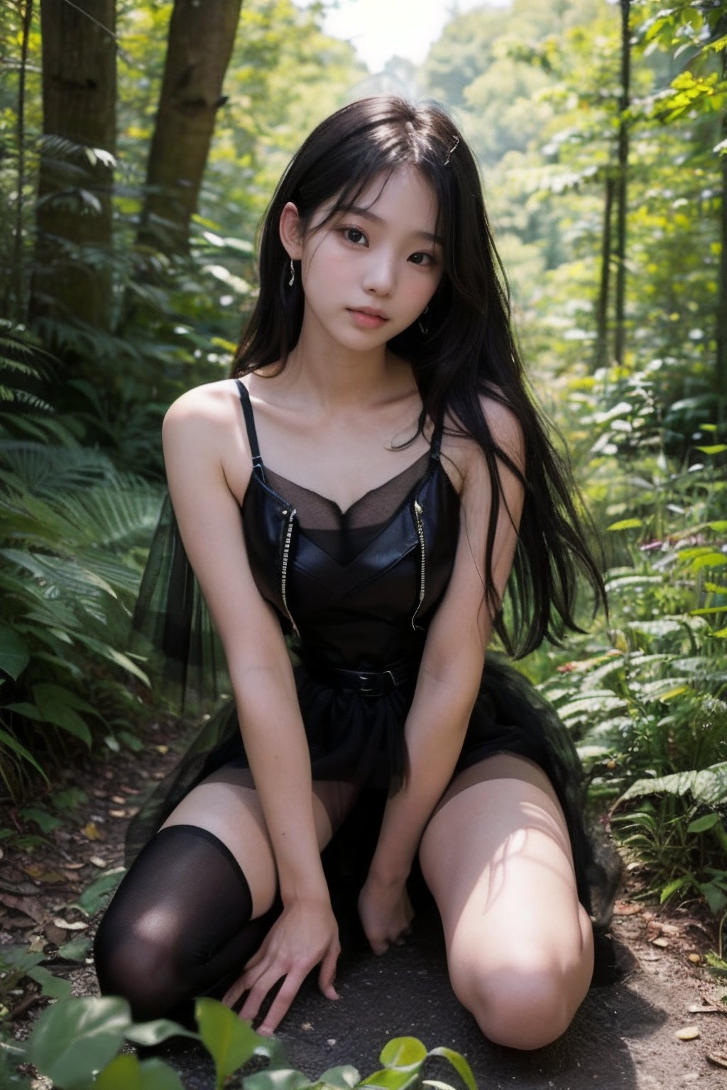 (((deep in the woods))),((looks at viewer)),(focus on the face),(((upper body enters the shot))),
人物：a korean girl,Pure and lovely korean girl,(((Top KPOP idol's peerless beauty))),(((Top KPOP idol's attitude and temperament))),
優化：(((Realistic and delicate high-resolution structure: 1.4, Realistic and delicate high-quality structure: 1.4))),(Well-proportioned and perfect body proportion structure),(((image structure of real human texture))),
頭髮：(bangs),(((straight hair, long hair))),((very long beautiful long hair)),
服飾：(Tulle spun spaghetti strap dress),(((TulleMaterialStruct:1.5))),(((Super sheer tulle dress construction:1.2))),(((Black Thin Strap Tulle Skirt:1.3))),(black boots),(Delicate and elegant tulle dress material),(((leather jacket over tulle dress))),(The color structure of the girl's whole body clothing is mainly black),((the black tulle spaghetti strap dress has beautiful patterns on it)),(((Leather jacket halfway revealing beautiful shoulders))),
動作：(((Very handsome kneeling posture))),((((feet spread towards viewer))),