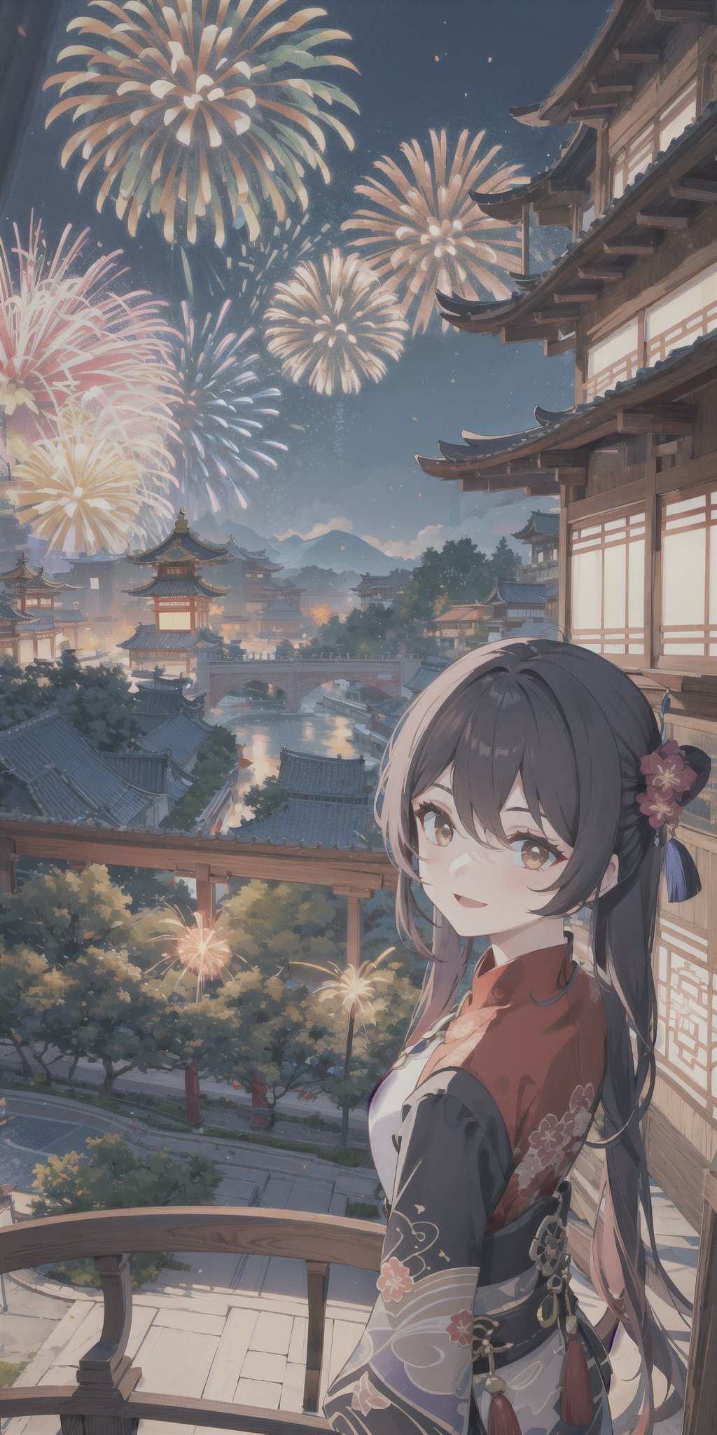 1girl,looking at viewer, smile, closed mouth, open mouth, happy BREAK chinese building, east asian architecture, forbidden palace, plaza, square, road, banners, flags, (fireworks, aerial fireworks:1.2),hu tao(genshin impact)