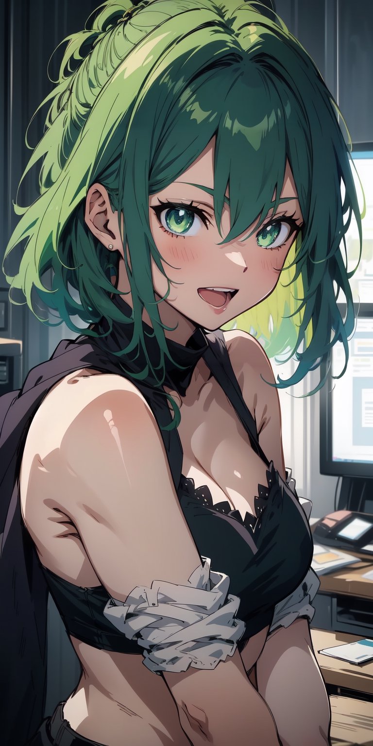 1girl, ((green hair, green eyes)), open mouth, smile, looking at viewer, upper_body, fantasy, aesthetic, (masterpiece, best quality, highres), trending on pixiv, solo, ((anime_screencap)), perfect anime anatomy, ,ARYSTYLE3,midjourney,1 girl