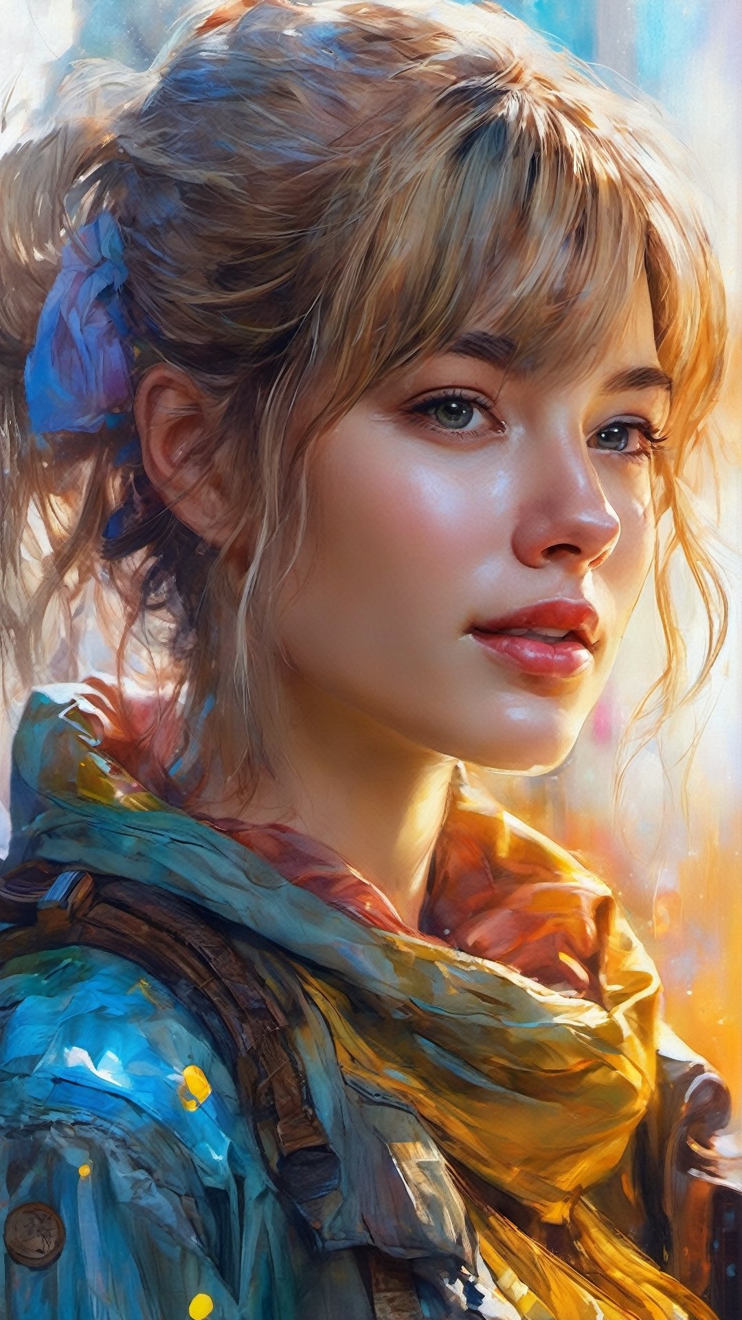 1girl, 18 years old, German girl, waist up portrait, art by Peach Momoko, digital art 8k, art by cameron gray, fantastic face, beautiful look, detailed hair, ultra focus, face illuminated, face detailed, 8k resolution, watercolor, razumov style. art by Razumov and Volegov, art by Carne Griffiths and Wadim Kashin rutkowski repin art station hyperrealism painting concept art of detailed character, 8k resolution blade runner, soft natural lighting, 16 years old, French student model named Marie: smooth soft skin, symmetrical, natural skin texture, soft lighting, wearing yellow black neon genesis evangelion pilot suit, showing her shoulders, detailed face, silver blond shoulder-long short hair, bang, rosy pure skin, v-shaped slim face, rosy cheeks, cute bright smile showing her teeth, photorealism, soft pastel colors sparkling, cowboy shot, half-body shot