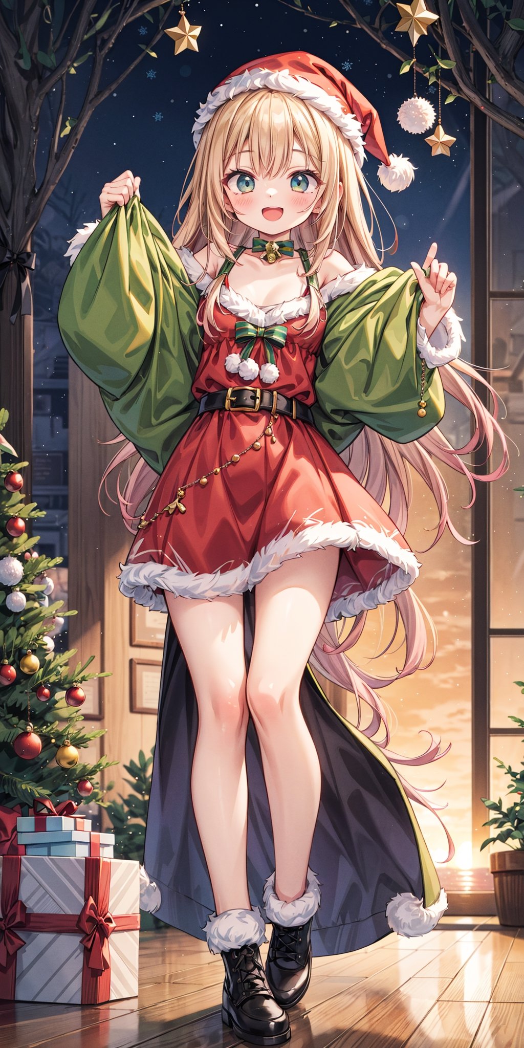 absurdres, highres, ultra detailed, (1girl:1.3), BREAK,christmas, christmas tree, santa claus,overjoyed expression, ecstatic, elated, thrilled)),(smail:1.5),(Sunset),(full body),furina,MARIN KITAGAWA