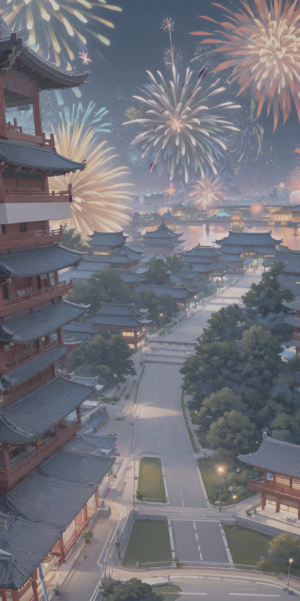 1girl,looking at viewer, smile, closed mouth, open mouth, happy BREAK chinese building, east asian architecture, forbidden palace, plaza, square, road, banners, flags, (fireworks, aerial fireworks:1.2),hu tao(genshin impact)