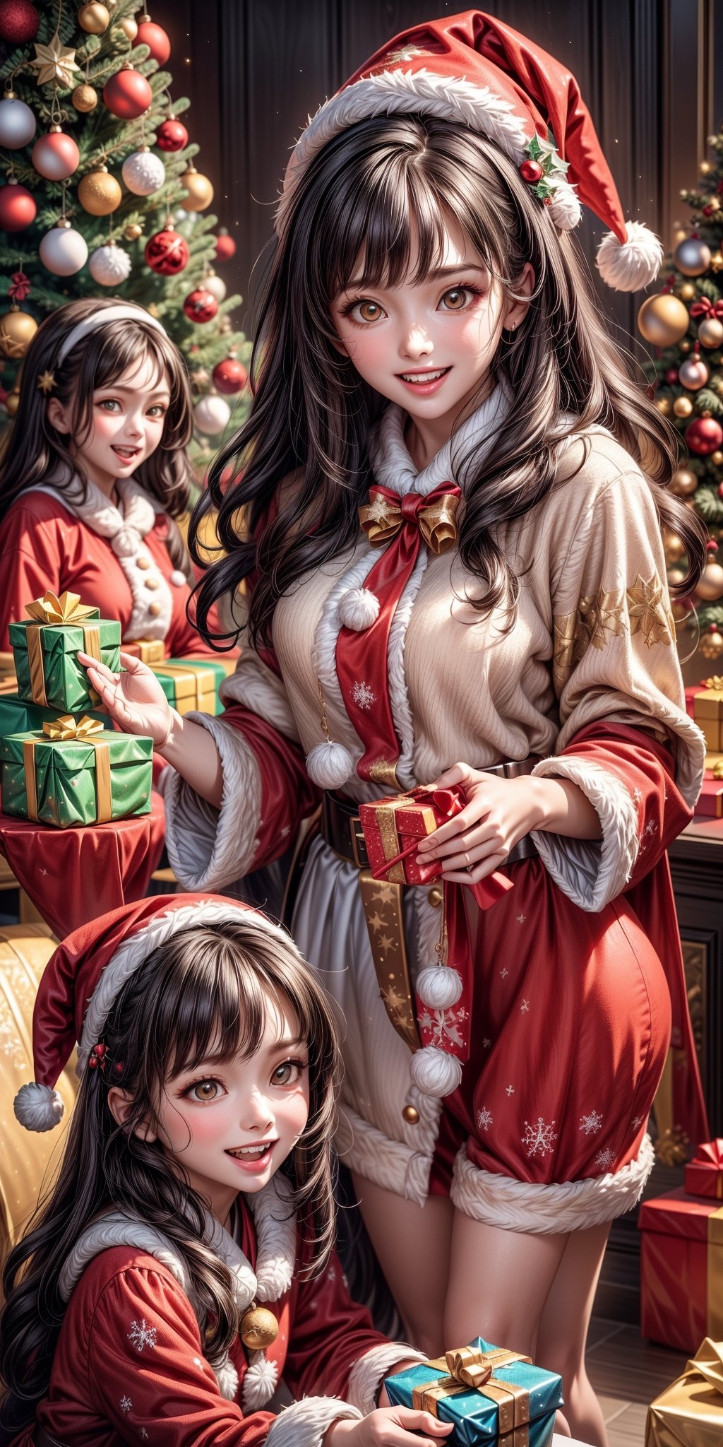(very beautiful british child), (beautiful smile), (loli_child_small_little:1.5), (of course on the face), navel,  (Red and white Santa Claus costume for girl, dress, hat, belt, hooded cape and a pair of gloves. The long dress is designed with long sleeves, white plush trim, high waist and white plush trim, which is full of Christmas atmosphere:1.7), (smiling:1.3), thin waist, wide pelvis, athletic body, slim body, hourglass figure, perfect hands, pretty eyes, pretty face, very long hair, living room by the fireplace background,

(Imagine a dynamic scene with two happy and fun girls, playing "Gift Wrapping Challenge":1.9). You can see a lit fireplace, a very beautiful white cat sleeping near it. a very beautiful and colorful Christmas tree with many decorations, a small manger next to it.
Choose a background that complements your character, creating a cinematic masterpiece with high realism and top-notch image quality. 

PNG image format, sharp lines and edges, solid blocks of colors, 300+ dpi dots per inch, 16k ultra high definition, photorealistic: 1.5, photography, masterpiece, realistic, realism, photorealism, high contrast, digital art trending on Artstation ultra high definition. realistic detailed, detailed, skin texture, hyper detailed, realistic skin texture, facial features, best quality, ultra high resolution, high resolution, detailed, raw photo, sharpness, rich lens colors, hyper realistic realistic texture, lighting dramatic, unrealistic motor tendencies, ultra sharp, intricate details, vibrant colors, perfect feet, sexy legs, perfect hands, sexy arms, highly detailed skin, textured skin, defined body features, detailed shadows, narrow waist , big hips, aesthetic, blush, front view ,Santa Claus,Christmas