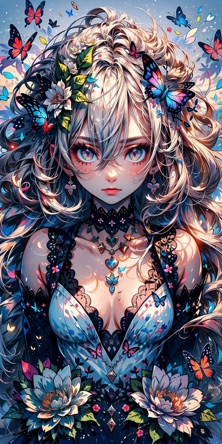 (masterpiece, best quality, highres:1.3), (silver eyes, white hair, very long hair, wavy hair, medium breasts, hair between eyes, 1girl), looking at viewer,bare shoulders, closed mouth, collarbone, upper body, petals, butterfly, lying, view_from_above, aerial_view, ethereal, white flowers, white theme, pale skin.