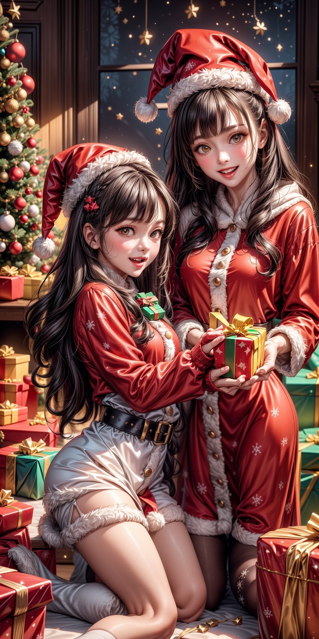 (very beautiful british child), (beautiful smile), (loli_child_small_little:1.5), (of course on the face), navel,  (Red and white Santa Claus costume for girl, dress, hat, belt, hooded cape and a pair of gloves. The long dress is designed with long sleeves, white plush trim, high waist and white plush trim, which is full of Christmas atmosphere:1.7), (smiling:1.3), thin waist, wide pelvis, athletic body, slim body, hourglass figure, perfect hands, pretty eyes, pretty face, very long hair, living room by the fireplace background,

(Imagine a dynamic scene with two happy and fun girls, playing "Gift Wrapping Challenge":1.9). You can see a lit fireplace, a very beautiful white cat sleeping near it. a very beautiful and colorful Christmas tree with many decorations, a small manger next to it.
Choose a background that complements your character, creating a cinematic masterpiece with high realism and top-notch image quality. 

PNG image format, sharp lines and edges, solid blocks of colors, 300+ dpi dots per inch, 16k ultra high definition, photorealistic: 1.5, photography, masterpiece, realistic, realism, photorealism, high contrast, digital art trending on Artstation ultra high definition. realistic detailed, detailed, skin texture, hyper detailed, realistic skin texture, facial features, best quality, ultra high resolution, high resolution, detailed, raw photo, sharpness, rich lens colors, hyper realistic realistic texture, lighting dramatic, unrealistic motor tendencies, ultra sharp, intricate details, vibrant colors, perfect feet, sexy legs, perfect hands, sexy arms, highly detailed skin, textured skin, defined body features, detailed shadows, narrow waist , big hips, aesthetic, blush, front view ,Santa Claus,Christmas