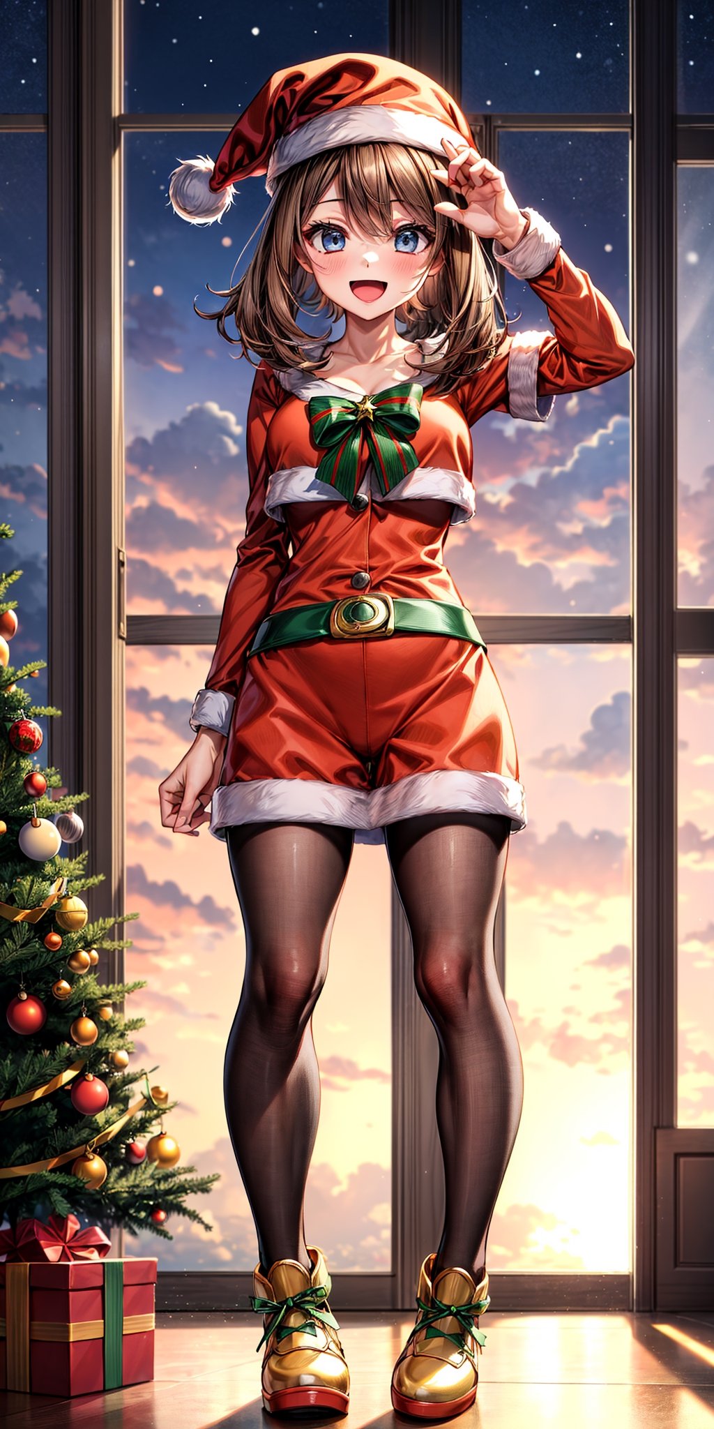 absurdres, highres, ultra detailed, (1girl:1.3),christmas, christmas tree, santa claus,overjoyed expression, ecstatic, elated, thrilled)),(smail:1.5),(Sunset),(full body),may