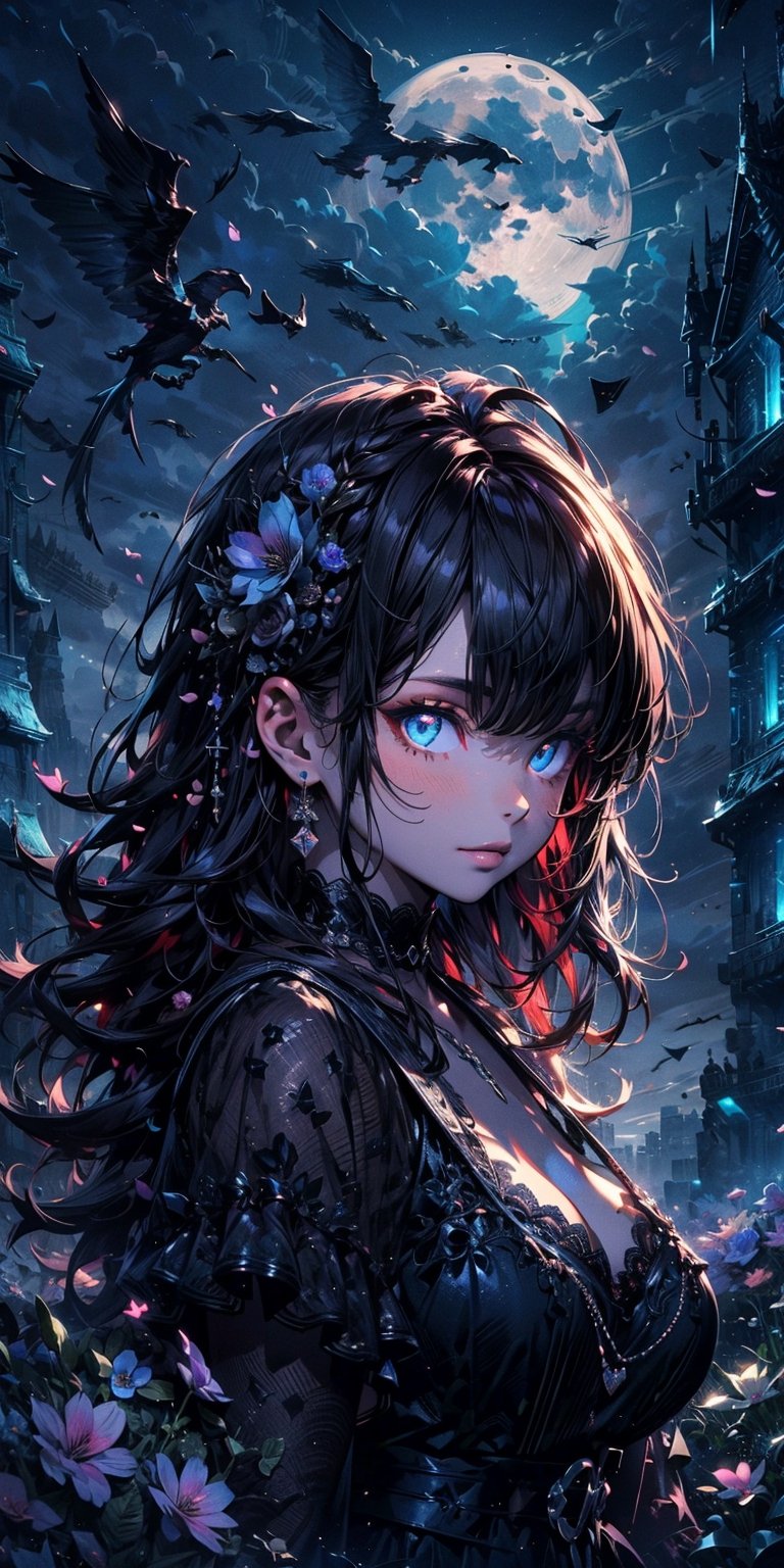 Masterpiece, best quality, 1girl, solo, (colorful), (finely detailed beautiful eyes and detailed face), vcinematic lighting, bust shot, extremely detailed CG, unity 8k wallpaper, long hair, white hair, (bangs), big breasts, smile, transparent white lace dress, cleavage, ((flying petal)), (flowery meadow), sky, cloudy sky, building, moonlight, moon, night, (dark theme:1.3), light, fantasy, more detail XL