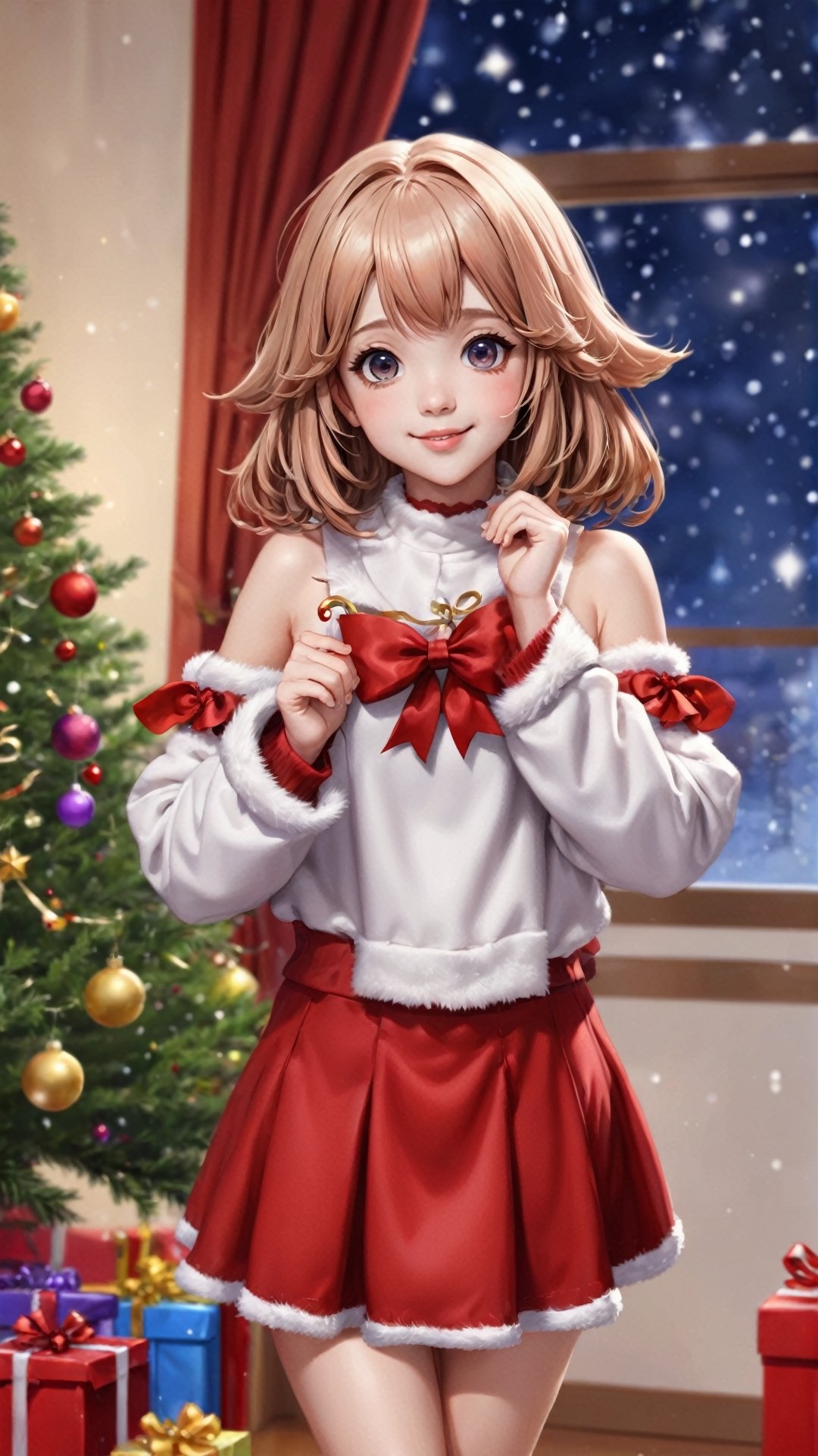 Anime style portrait of cute, celebrating Christmas, standing in front of a Christmas tree, christmas ornaments, gifts,masterpiece, best quality ,Anime ,YeMkAF