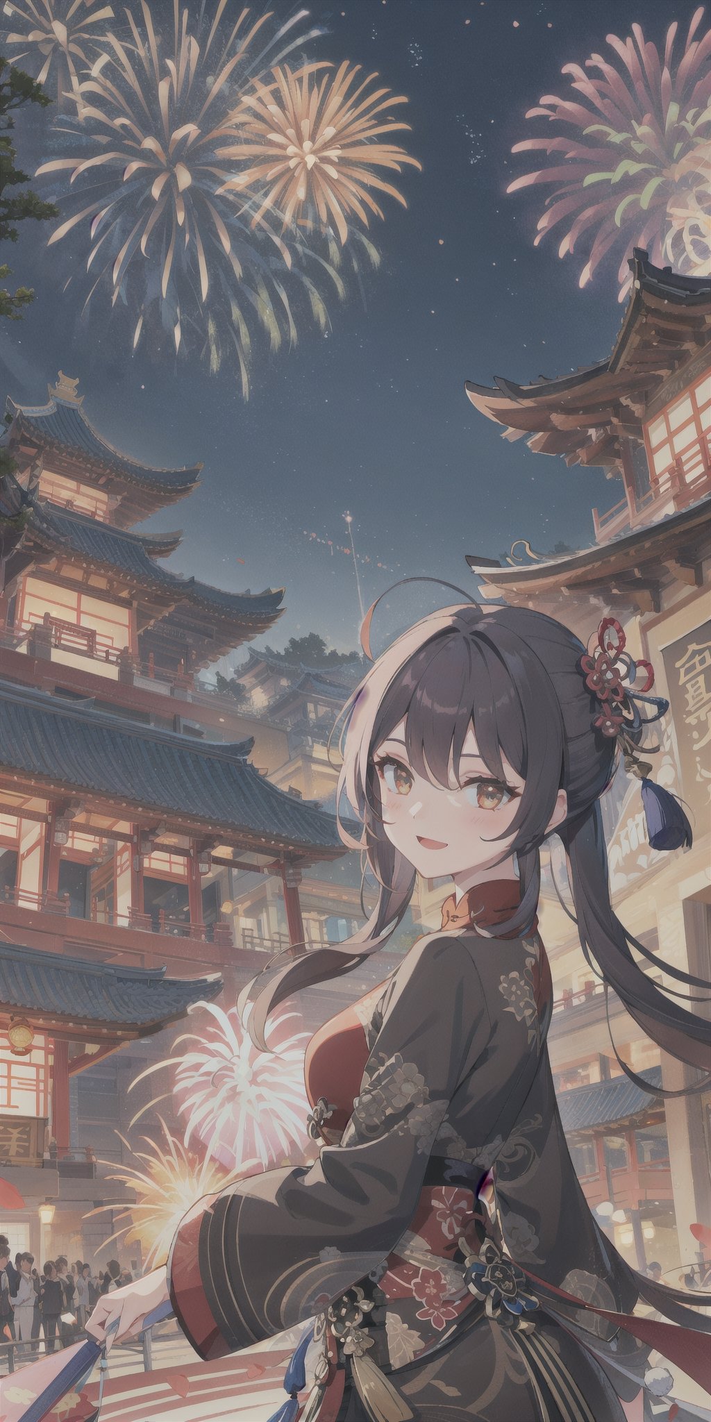 1girl,looking at viewer, smile, closed mouth, open mouth, happy BREAK chinese building, east asian architecture, forbidden palace, plaza, square, road, banners, flags, (fireworks, aerial fireworks:1.2),hu tao(genshin impact)