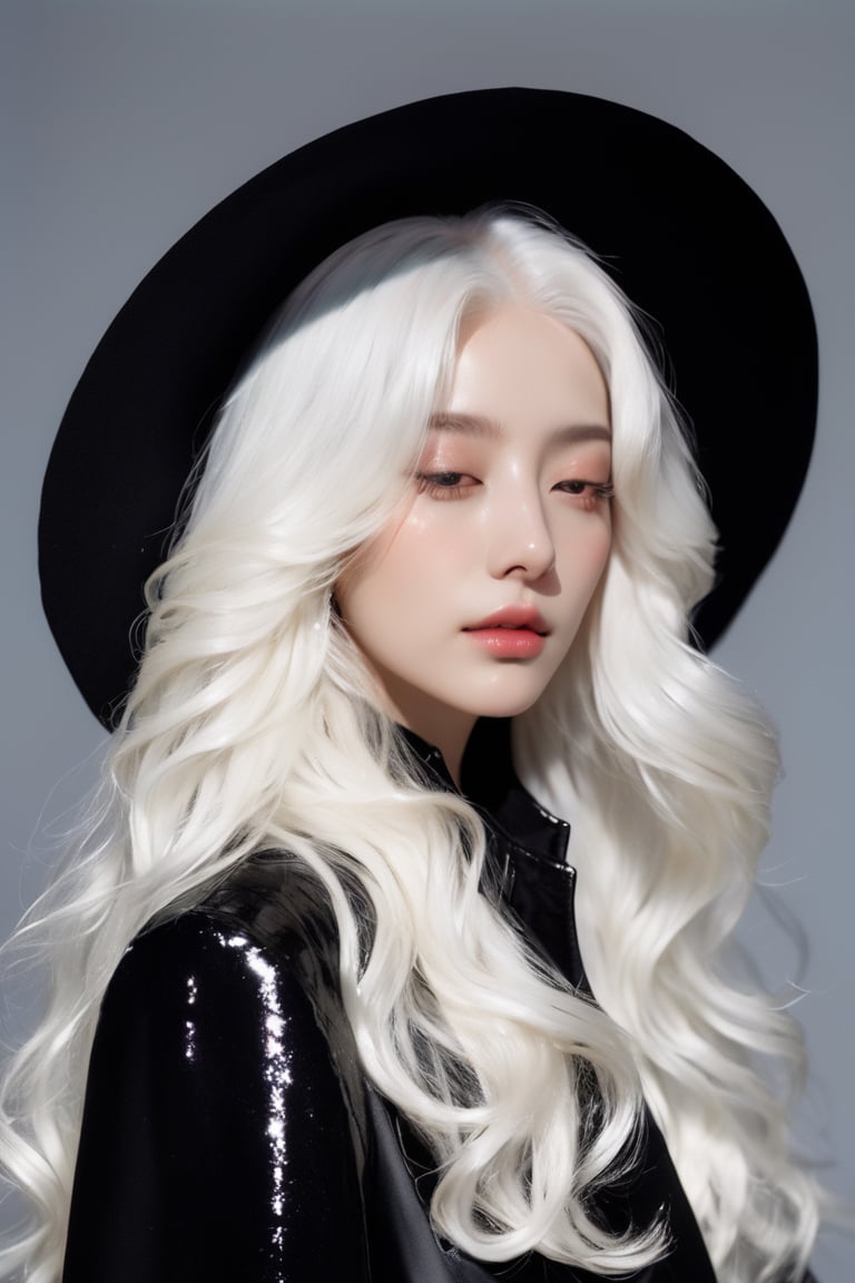 niji style, realistic, beautiful woman, long wavy hair, transparent white hair, ((black coat)), upper body shot, eyes closed,AI_Misaki, from side, shiny_skin