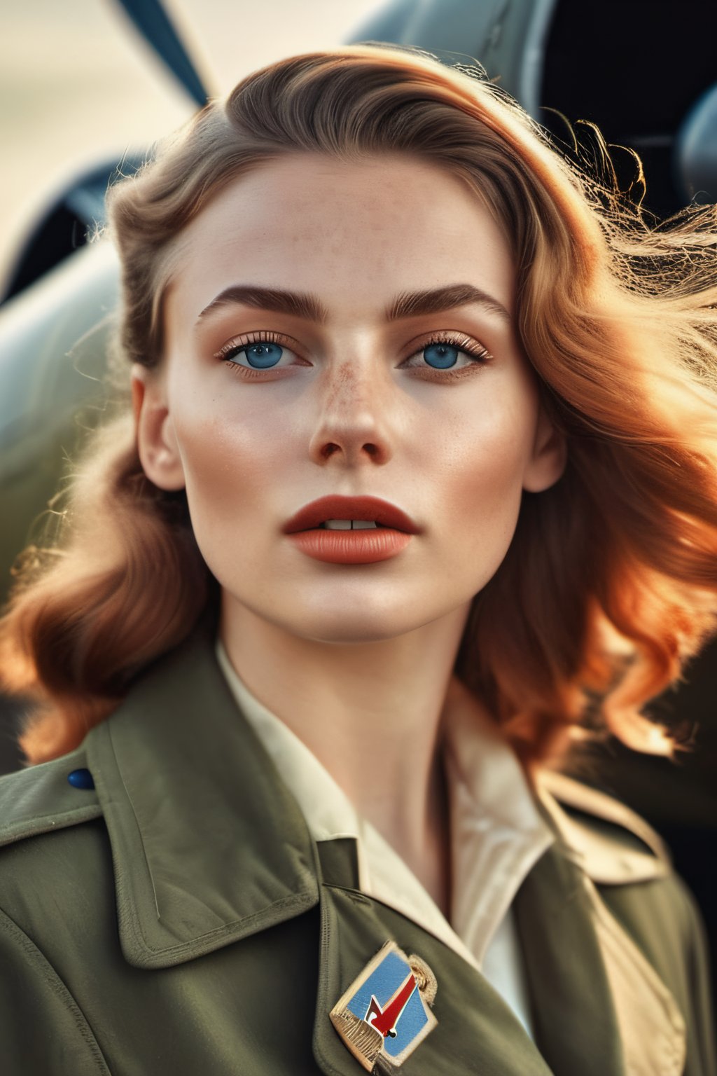 Impressive hyperrealistic vintage style photo of a beautiful Russian woman with freckles and blue eyes very similar to ((Elizaveta Shmeleva)), wearing a Soviet Union aviator's jumpsuit, in front of a WWII warplane (full body image of a woman).