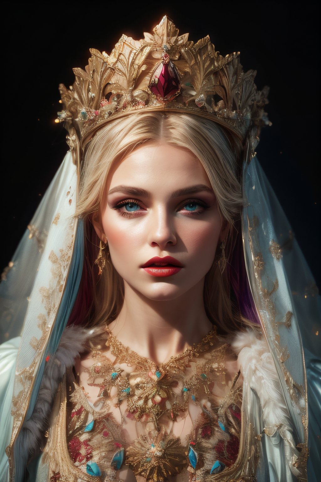 Artistic frontal portrait of Daria Lefler with traditional Russian ornamentation with very intricate and hyper-realistic details. Ash blonde hair, On her head is a large metallic red Kokoshnik of circular shape. She has to be seen with leadership expression as a powerful Russian queen.  Dimly lit environment with soft spot light focused on the face, photographic style by Eric Burkhanaev, highly detailed image, dramatic photographic studio lighting, Russian mystical environment, cinematic fantasy, close-up, Russian Queen with long platinum blonde windblown hair and golden eagle wings and red lipstick, vibrant high contrast, hyper realistic, background should be red gradient to brownish orange, everything has to be very detailed and hyper realistic, dramatic lighting, High quality, UHD, strong reflections, one point lighting from the right vibrant volumetric bear color, Luminous Studio graphics engine, magenta, purple blue, cyan, octane render