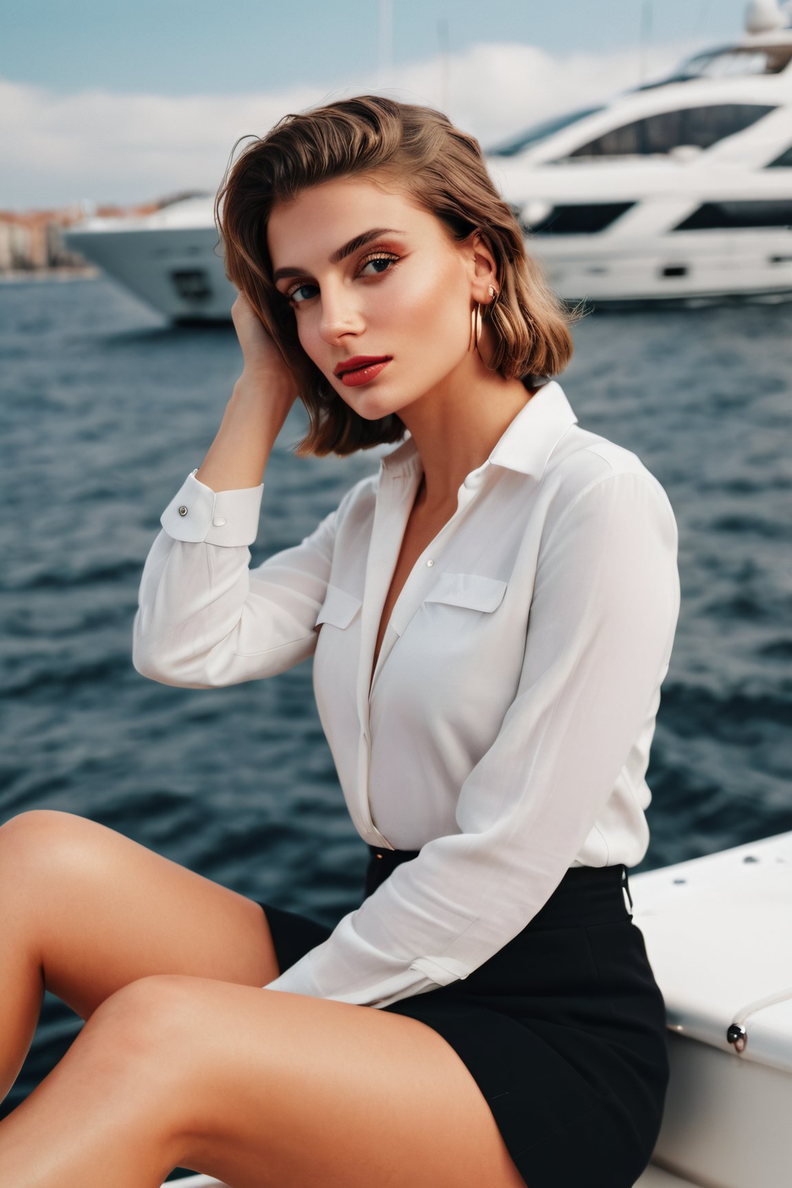 Full-length portrait of Russian actress (((Alina Zasobina))), (perfect body), ((perfect hands)) ((sitting elegantly sunbathing on her luxury yacht)), (Beautiful crossed legs, ((like an elegant wealthy businesswoman)) (mini skirt), high society style, charming, sexy and elegant, short blonde hair, ((powerful woman)), (((extreme realism))), highly detailed, professional photography, cinematic, masterpiece, ray tracing, ((it has to be exactly the face of Alina Zasobina)),Leonardo Style,vaporwave style