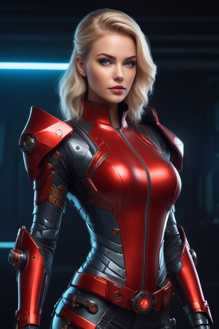 full body  Photo of Ekaterina Enokaeva as a powerful and futuristic Cyberpunk style heroine, with a futuristic red leather suit and technological details of titanium and carbon material. (((dynamic full body pose photo)), (wielding a futuristic gun) Anatomically perfect body, perfect hands, Highly detailed and hyper-realistic, in futuristic industrial sci-fi environment, She has blonde hair and blue eyes. Highly stylised armour details and faceted shapes. Visible and beautiful legs, 4k resolution, isometric fractal bioluminescence detail, 3d render, octane render, intricately detailed, cinematic, trending on ArtStation Isometric focused hyperrealistic full colour stunning cover photo, intricate, Rough sketch, banksy art, Kim Jung gi, digital illustration, comic book style, steampunk noir, approaching perfection.,Realism,mecha,RedHoodWaifu,high_school_girl,portrait_futurism,Leonardo Style,Movie Still, illustration,vector art,robot