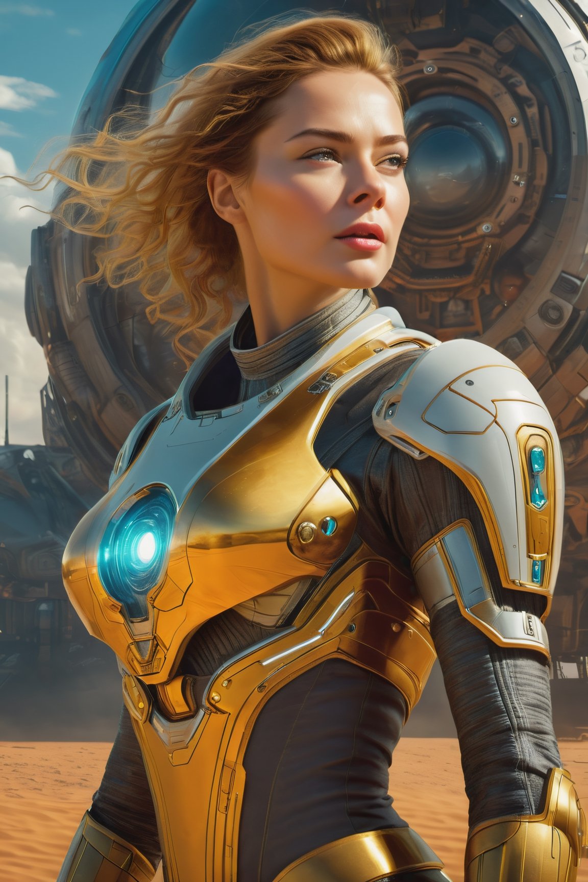 (Hyper-realistic scene of a beautiful Russian woman, Russian cosmonaut, stepping out of a spaceship), leading an expedition on another planet, commanding a landing of highly sophisticated robotic construction equipment on a new planet, (futuristic, realistic space pilot suit style), perfect face and realistic textures, fully detailed artwork, intricate art masterpiece, cinematic, ominous, movie poster, golden ratio, cgsociety trend, intricate, epic, artstation trend, vibrant, movie production, character portrayal,mecha,robot,cyborg