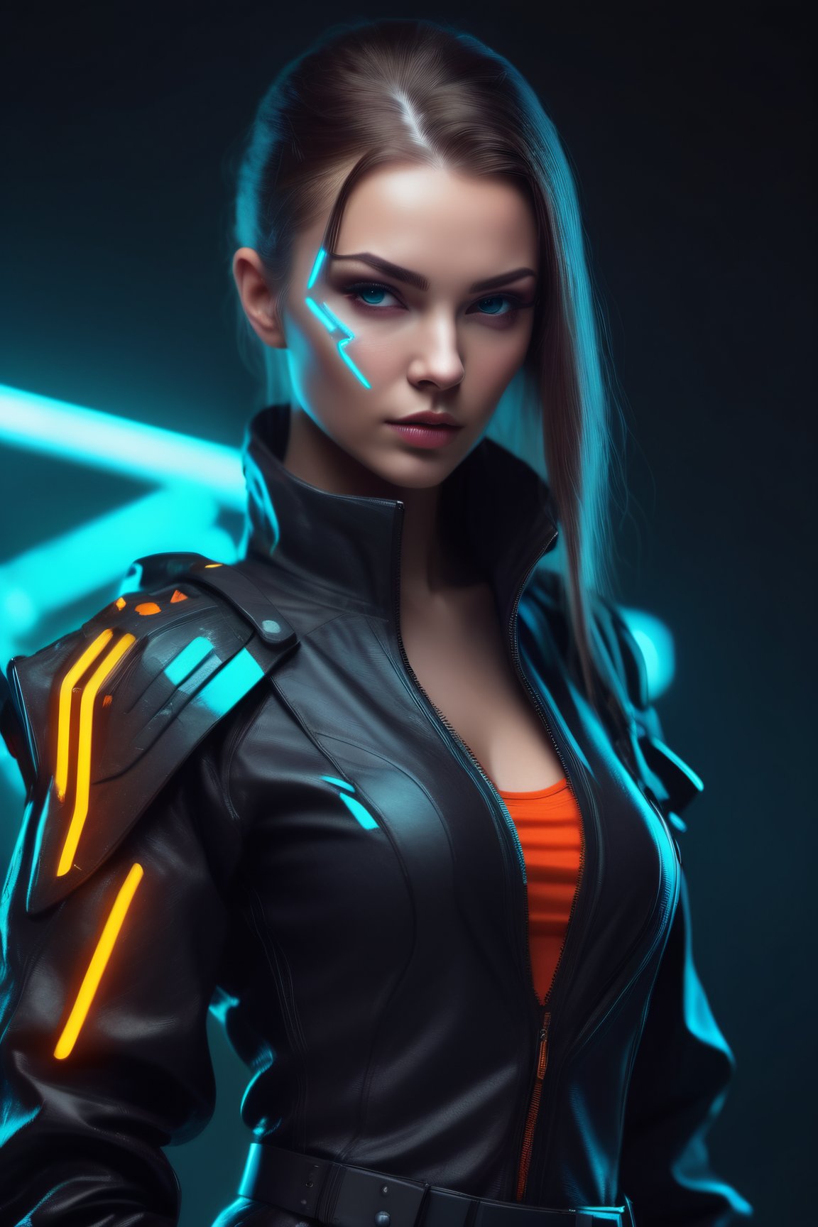 (Create a beautiful Russian Slavic woman, as a futuristic cyberpunk style warrior), unique and elegant design, (dynamic body pose), (epic), whole use of neon color palettes to enhance the futuristic and technological aesthetic. These characters convey a combination of strength, elegance and mystery, she has stylish super-agent clothing and accessories that capture the essence of cyberpunk in a fascinating way.,Movie Still,Leonardo Style