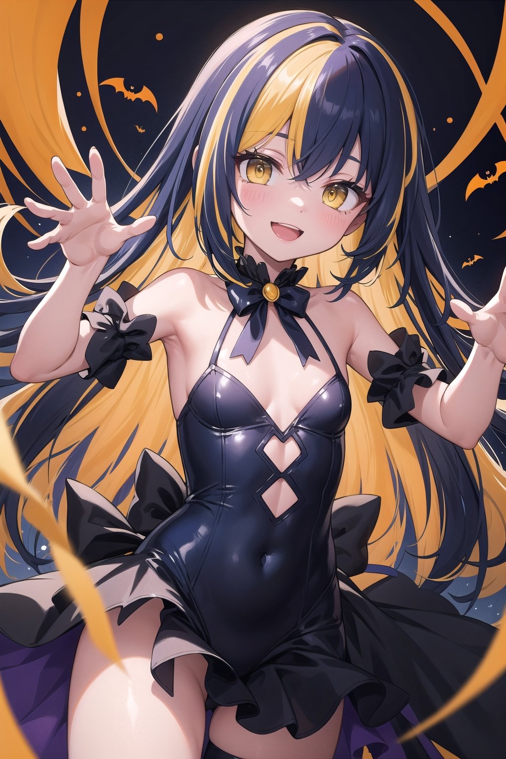 {{{masterpiece}}}, {{{best quality}}}, {{ultra-detailed}}, {illustration}, {{an extremely delicate and beautiful}}, (dark blue hair), (yellow streaks hair:1.3), straight long hair, yellow eyes, young adult, tiny breasts, (dynamic pose:1.2), halloween stage, halloween costume, smile, dynamic angle,