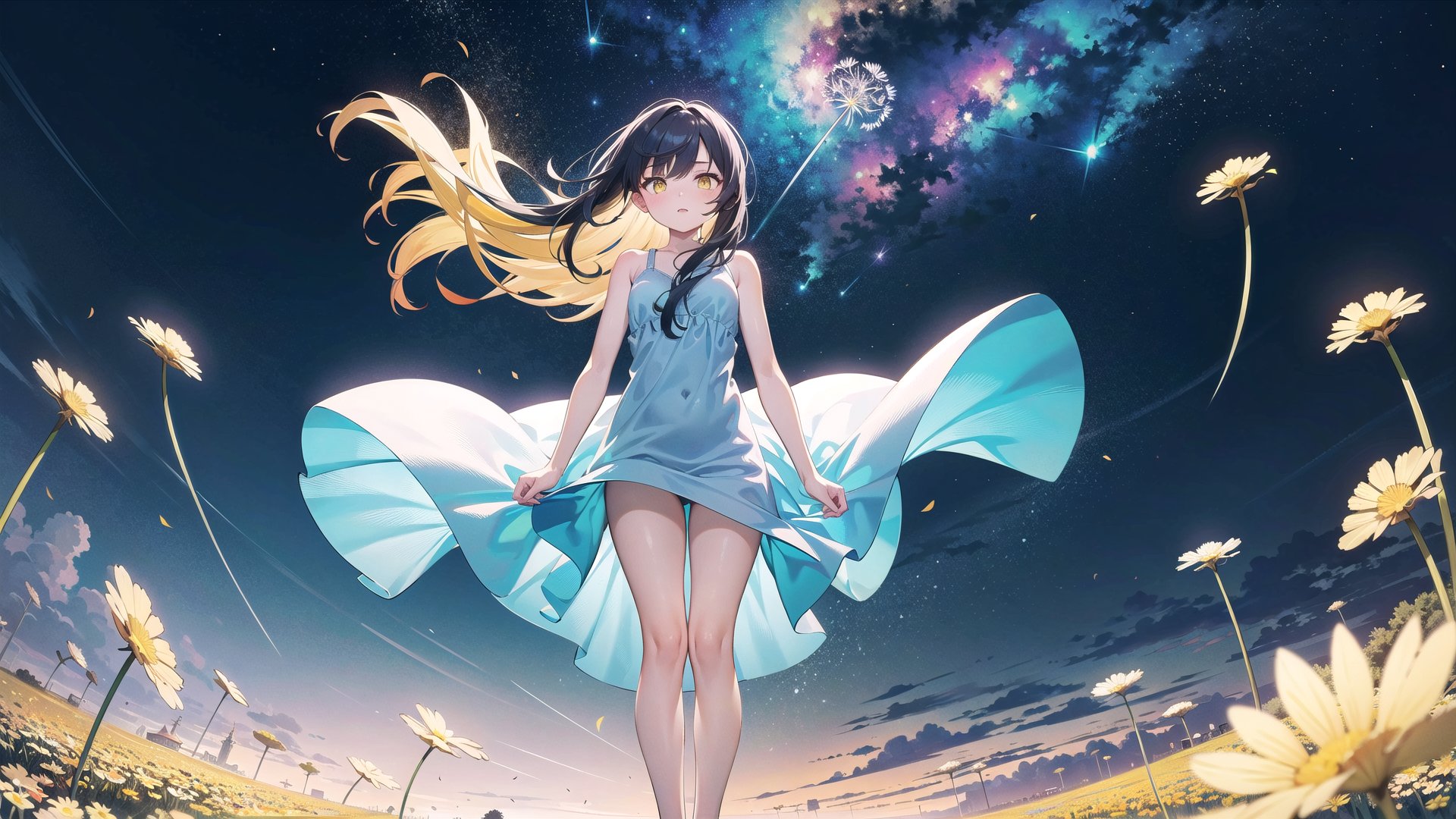 (long-shot photo:1.4) of a 20 years old woman, small breasts, long hair, dark blue hair with yelloe blonde dip-dye hair, (yellow streaks hair), floating hair, yellow eyes, wearing a sheer summer dress (blowing a dandelion), dandelion field, stars and moonlight rays, colorful, (photo-realisitc), nebula background, nebula theme,exposure blend, full body shot, bokeh, (hdr:1.4), (wind:1.5), high contrast, (cinematic, teal and green:0.85), (muted colors, dim colors, soothing tones:1.3), low saturation, hourglass body shape, EpicSky, cloud, hourglass body shape, volumetric lighting, face and body visible, light coming from the side,sitting moon