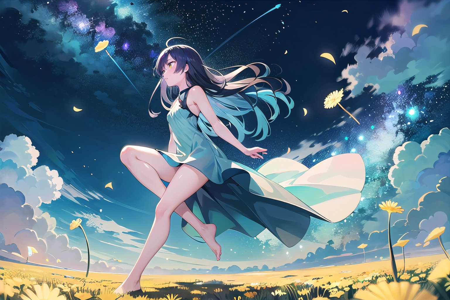 (long-shot photo:1.4) of a 16 years old woman, small breasts, semi-long hair, dark blue hair, floating hair, yellow eyes, wearing a sheer summer dress (blowing a dandelion), dandelion field, stars and moonlight rays, colorful, (photo-realisitc), nebula background, nebula theme,exposure blend, full body shot, bokeh, (hdr:1.4), (wind:1.5), high contrast, (cinematic, teal and green:0.85), (muted colors, dim colors, soothing tones:1.3), low saturation, hourglass body shape, EpicSky, cloud, hourglass body shape, volumetric lighting, face and body visible, light coming from the side,sitting moon