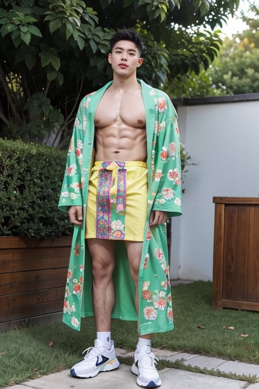 1male, handsome male,solo, , huge muscles, nude, real male genitalia, colorful tattoos, standing, full body photo, designer sneakers, sunny,medium shot, green upper,print robe,long print skirt,print shirt,男人,男士,男孩,男,男子